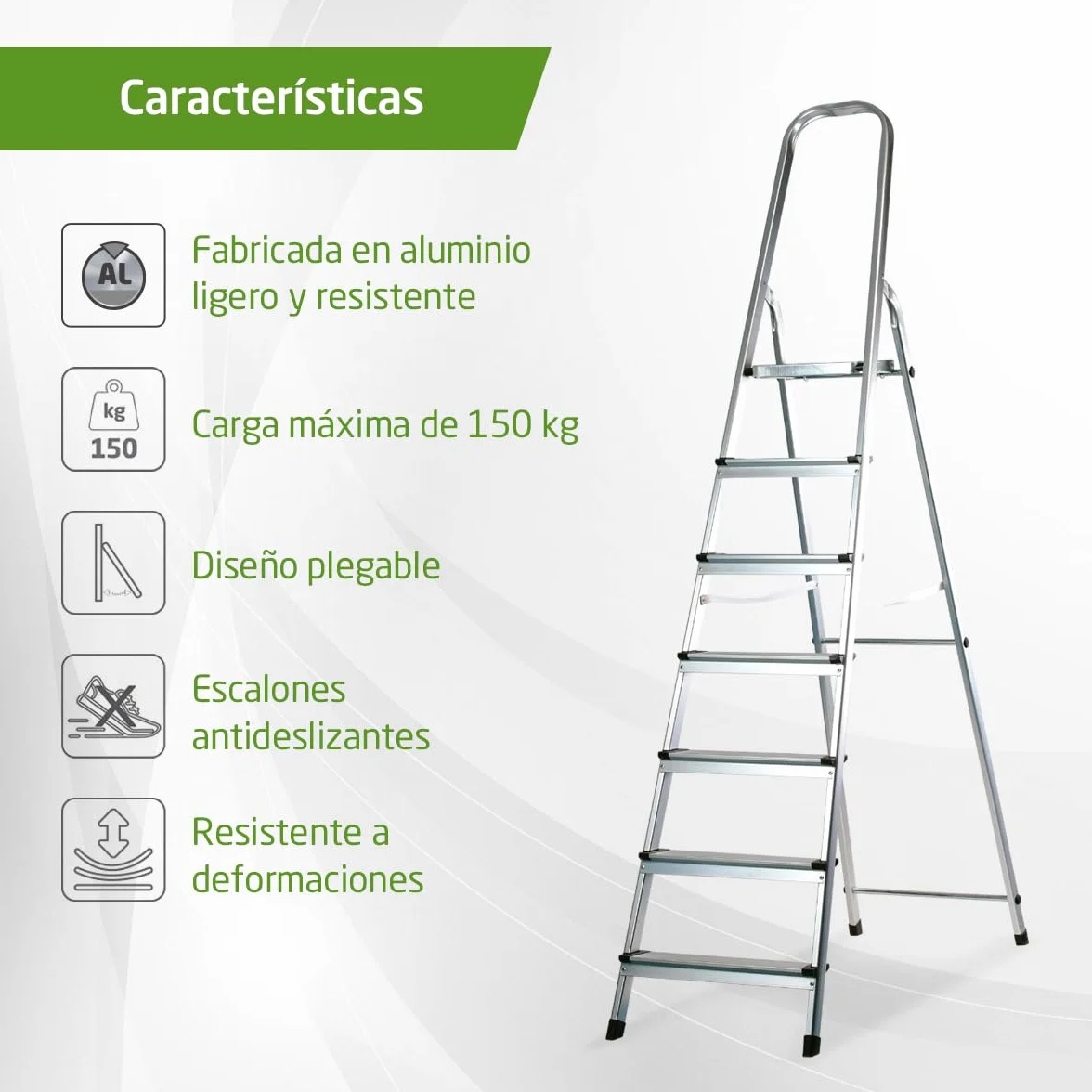 Amig - Escalera Plegable con 7 peldaños - Fabricado en Aluminio - Medida de Peldaños Pequeños 28 cm x 8 cm - Medida de Peldaño Grande 25 cm x 25 cm x 28 cm - Uso Doméstico - Carga Máxima: 150 kg