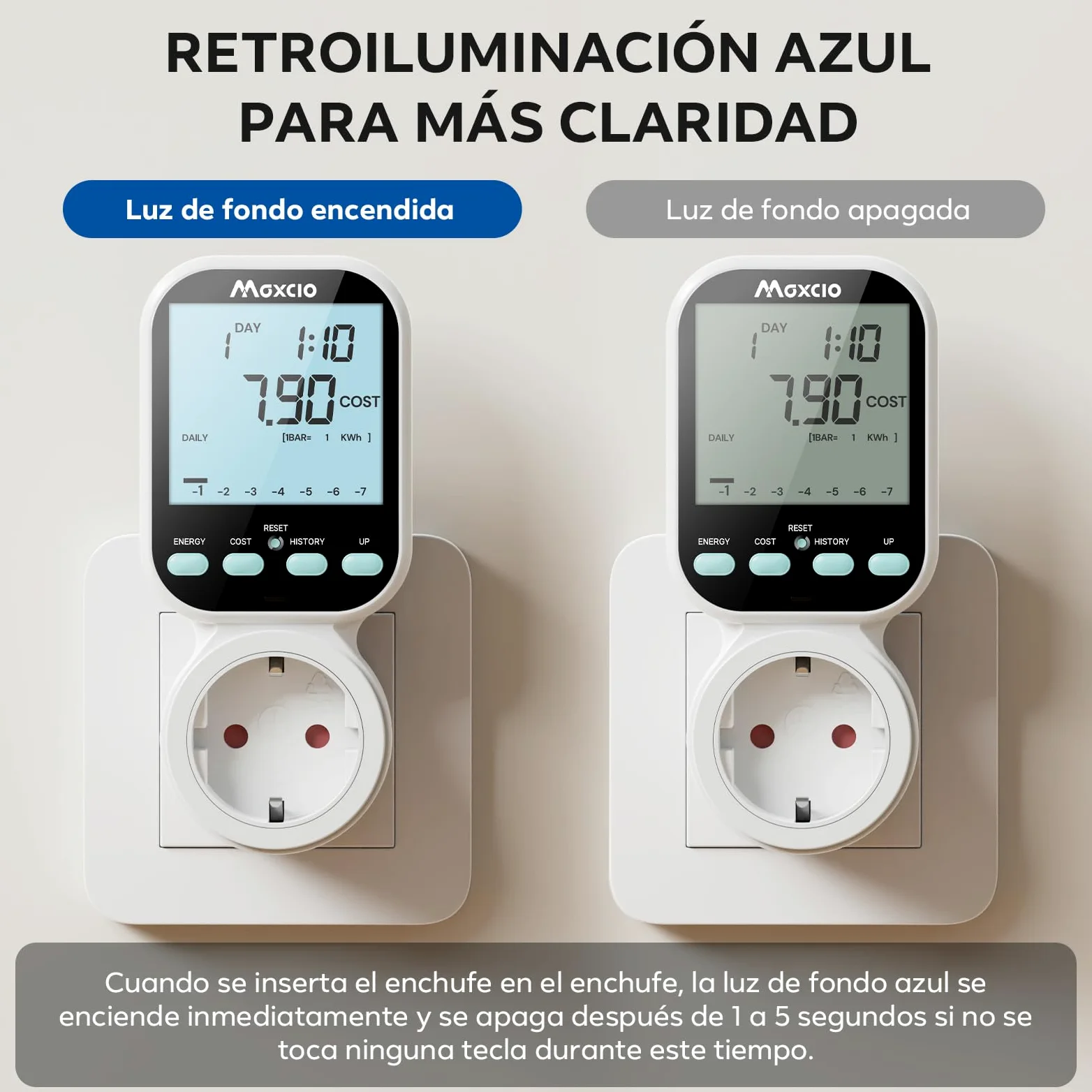 Maxcio Medidor de Consumo de Energía, enchufe de ahorro energético con pantalla LCD retroiluminada, 7 Modos Medidor de Consumo Electrico con Protección contra Sobrecarga, Nuevo Estilo