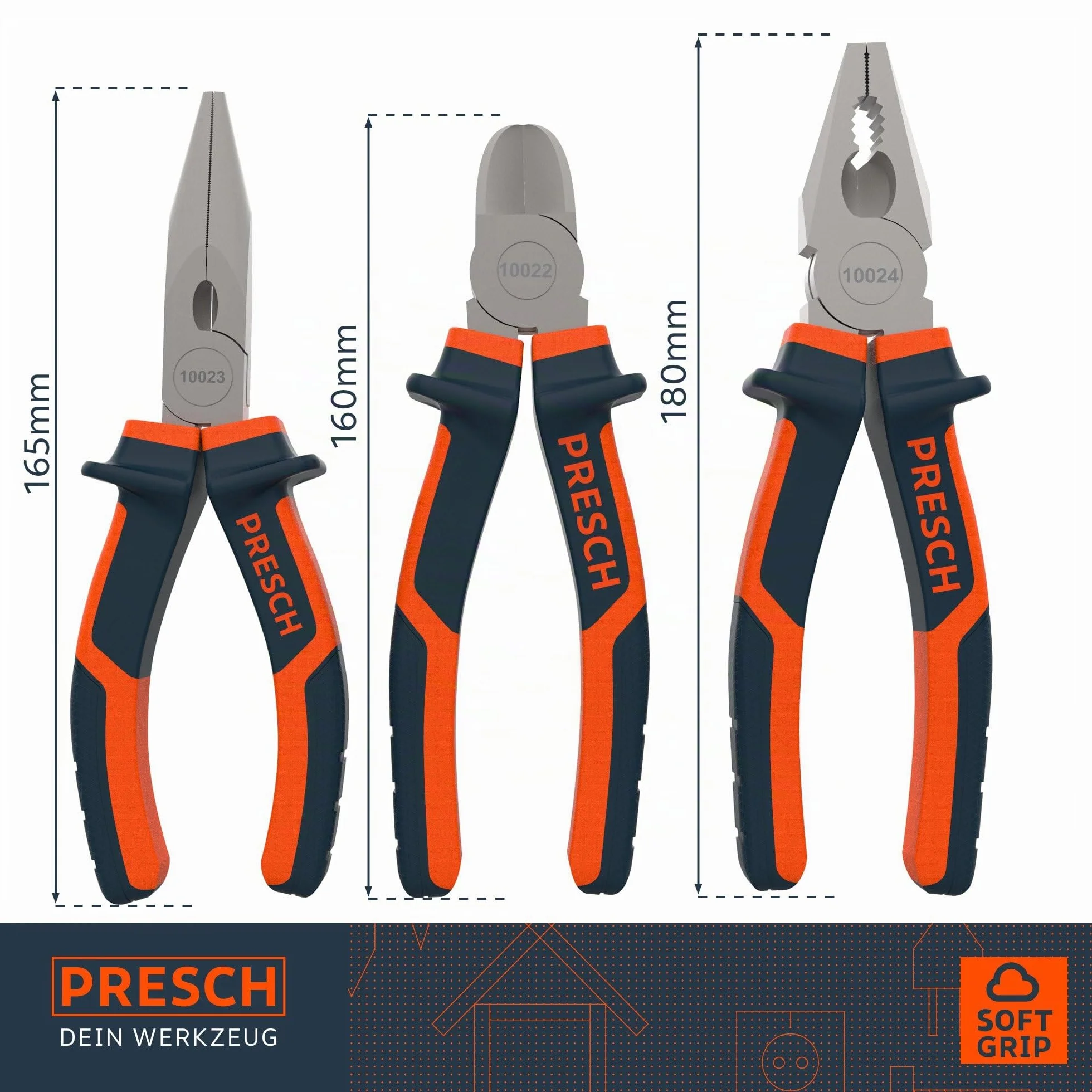 Presch juego 3 alicates - juego de alicates profesionales con alicate de punta, de corte 160 mm y universal 180 mm