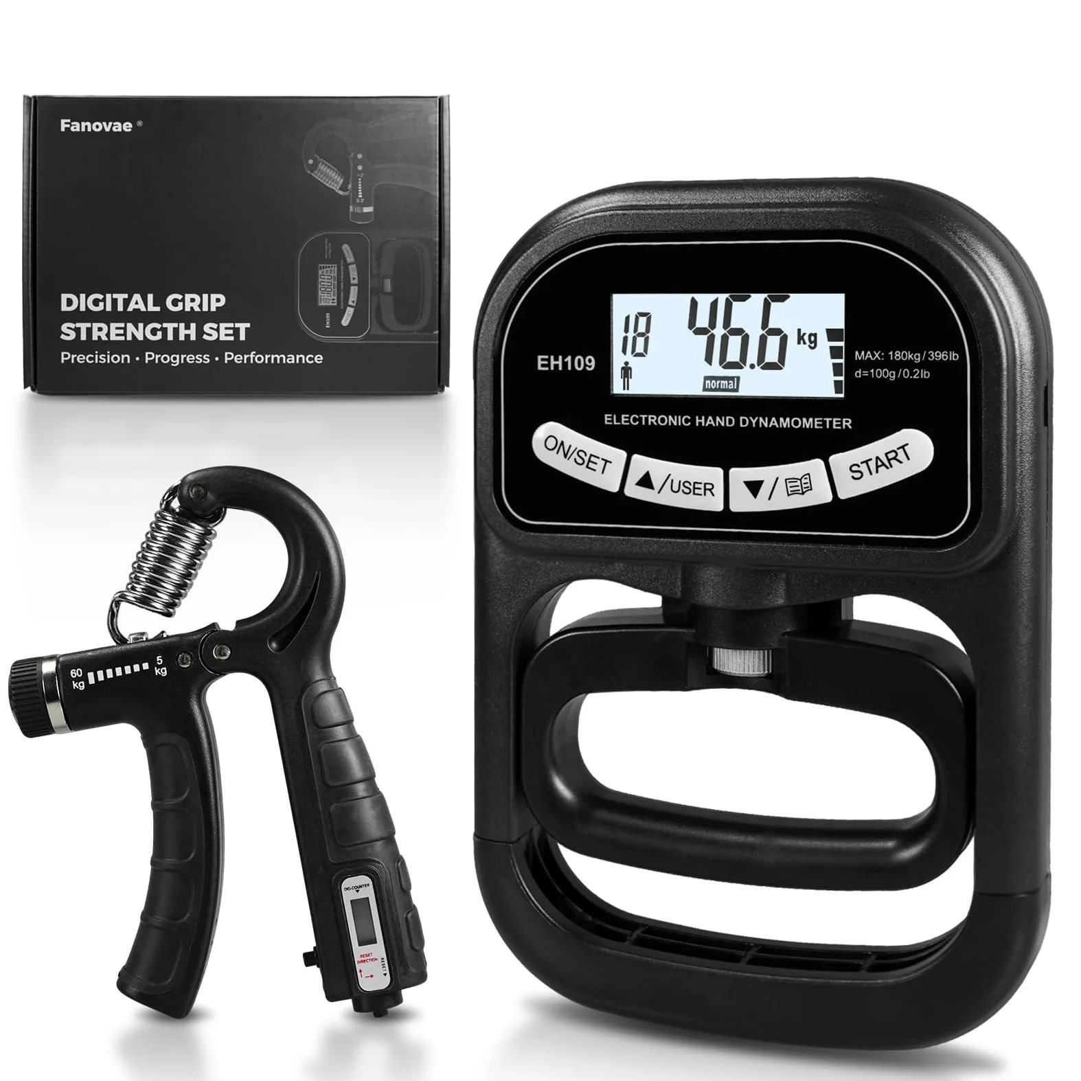 Juego de medidor digital de fuerza de agarre y entrenador, dinamómetro de mano LCD con memoria de 19 usuarios, USB o batería + ejercitador de agarre electrónico con reinicio de 1 toque, regalo