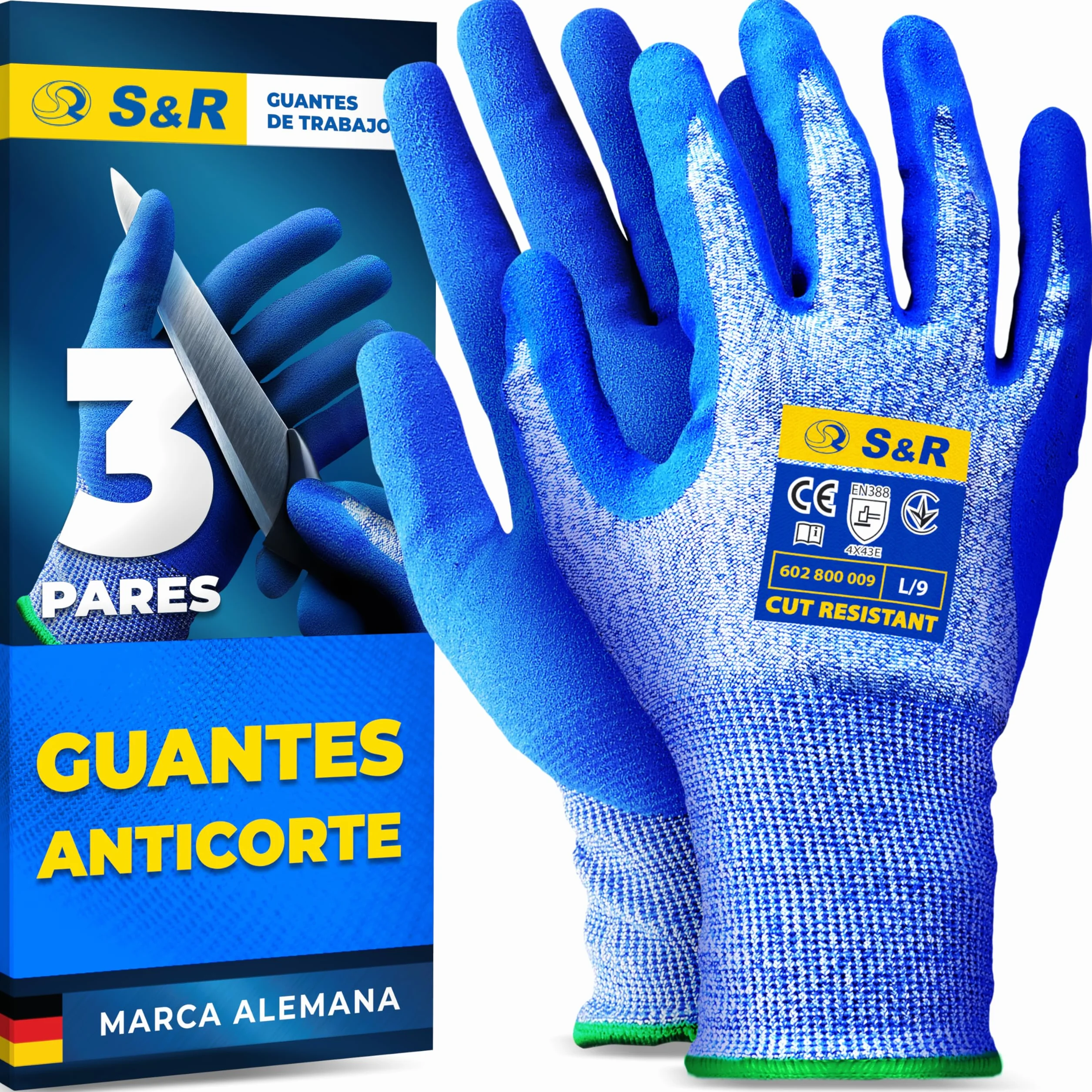 S&R 3 PARES Guantes Anticorte Nivel 5. Guantes de Trabajo Talla L/9 para Jardinería/Cocina. Tejido de Tungsteno y Nitrilo