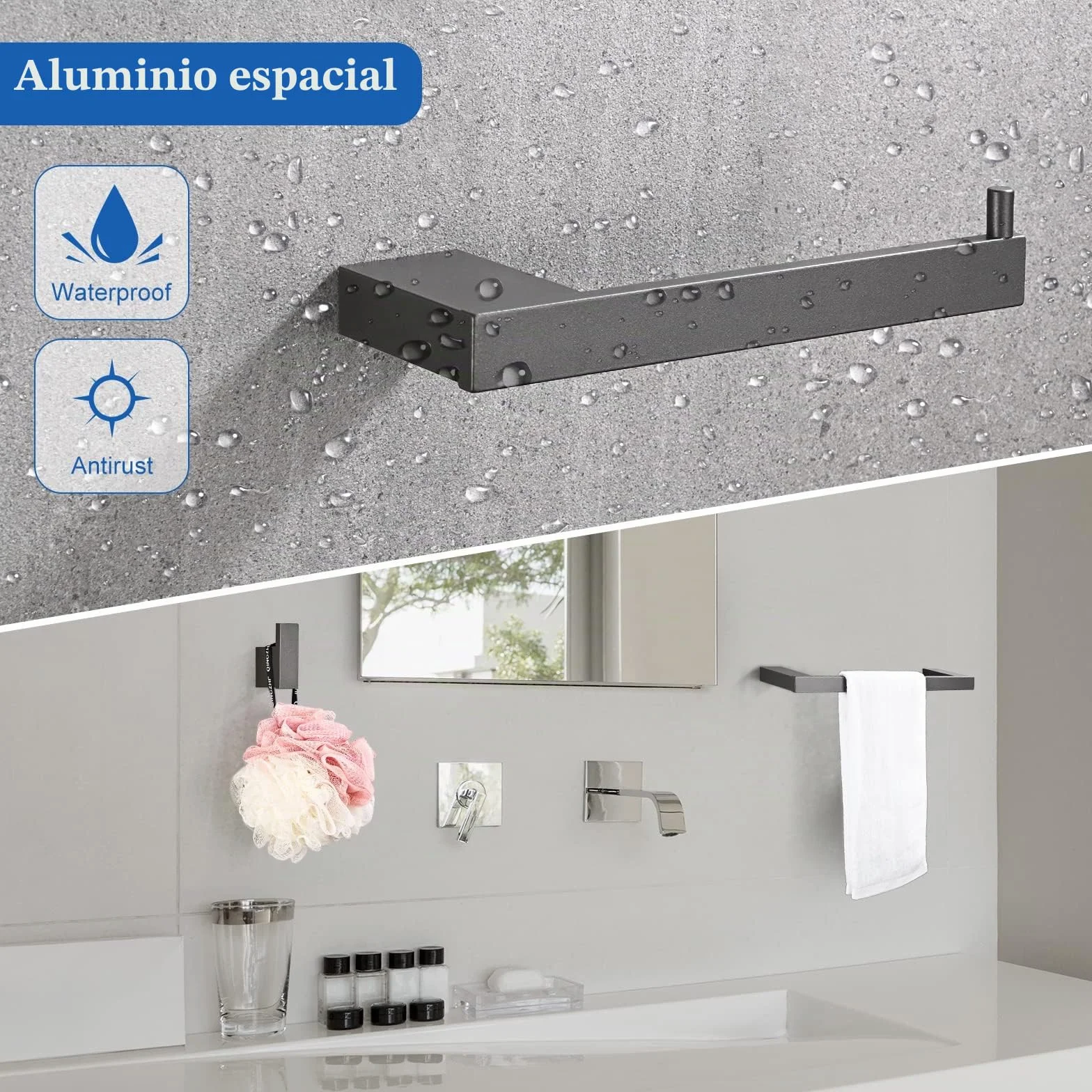 Toalleros de Baño 5 Piezas con Ganchos, Papel Higiénico Instalación de Superficie, Acabado Cepillado Plata