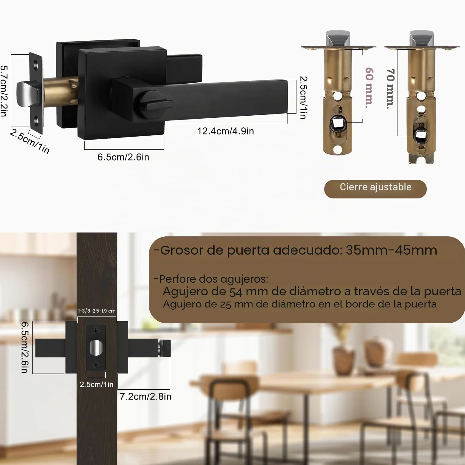 Manilla de Puerta Interior Sin Llave Pomos Puertas para Baño Cerraduras Puertas Interiores en Negro Mate Reversible Para Puertas con Apertura a la Derecha o a la Izquierda