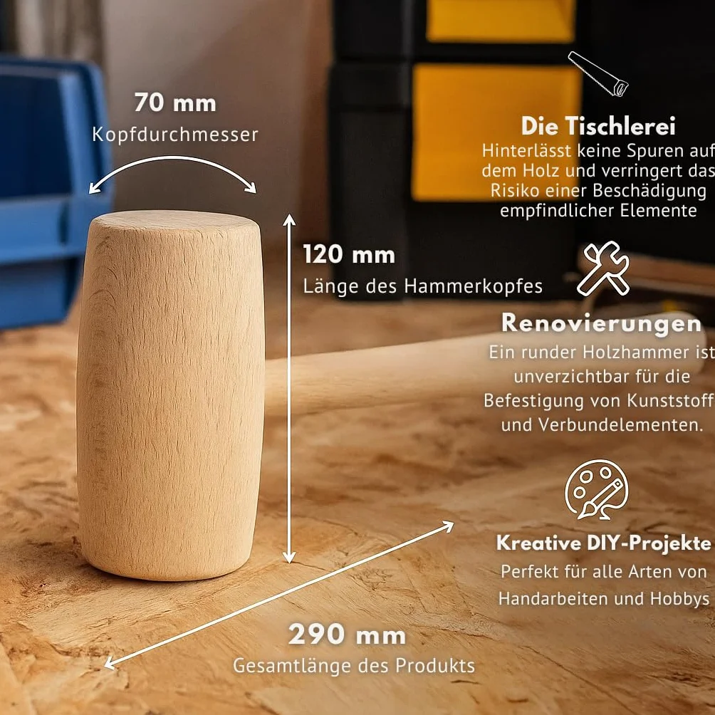Martillo de madera con cabeza redonda, 70mm