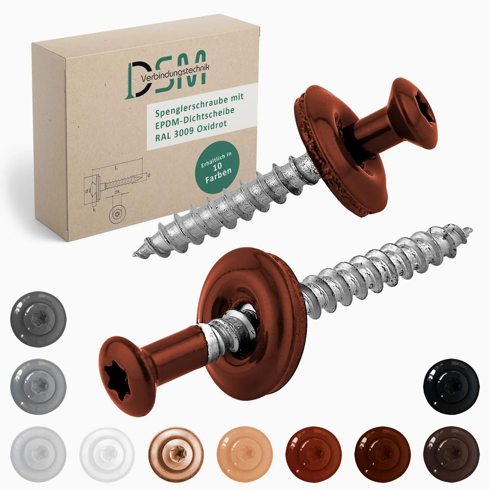 DSM Tornillos de fontanería rojo óxido 4,5 x 45 mm, acero inoxidable A2, lacado RAL 3009, con arandela de sellado EPDM (15 mm), accionamiento TX, similar a DIN 7995/DIN 9171, 100 unidades