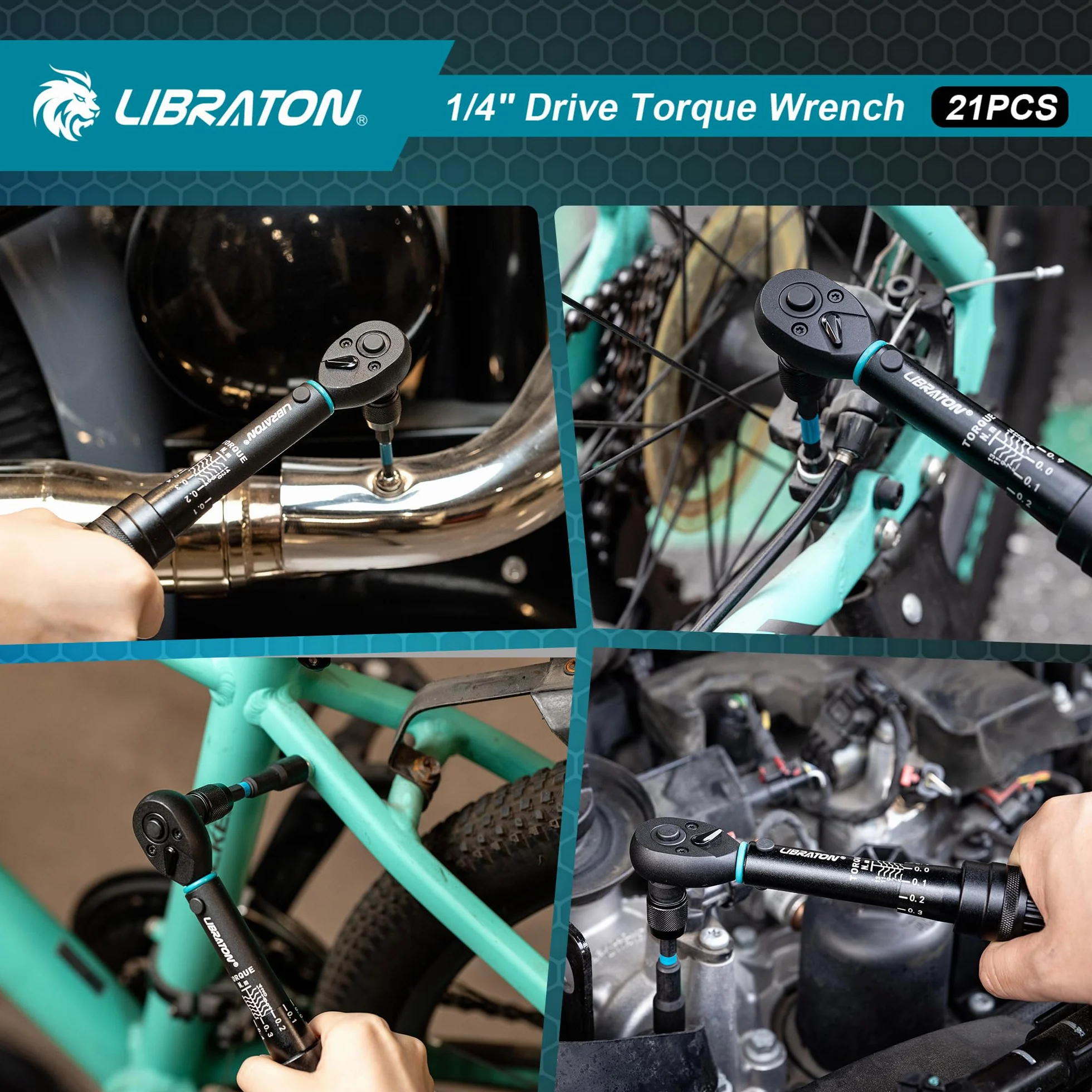 LIBRATON Llave Dinamométrica 1/4", 2-14 Nm Llave Dinamometrica Bicicleta, 72 Dientes, Micro Click de 0,1 Nm, Puntas Hex y Torx, Destornilladores de Tuercas, Adaptadores de Cuadrada a 1/4" Hex