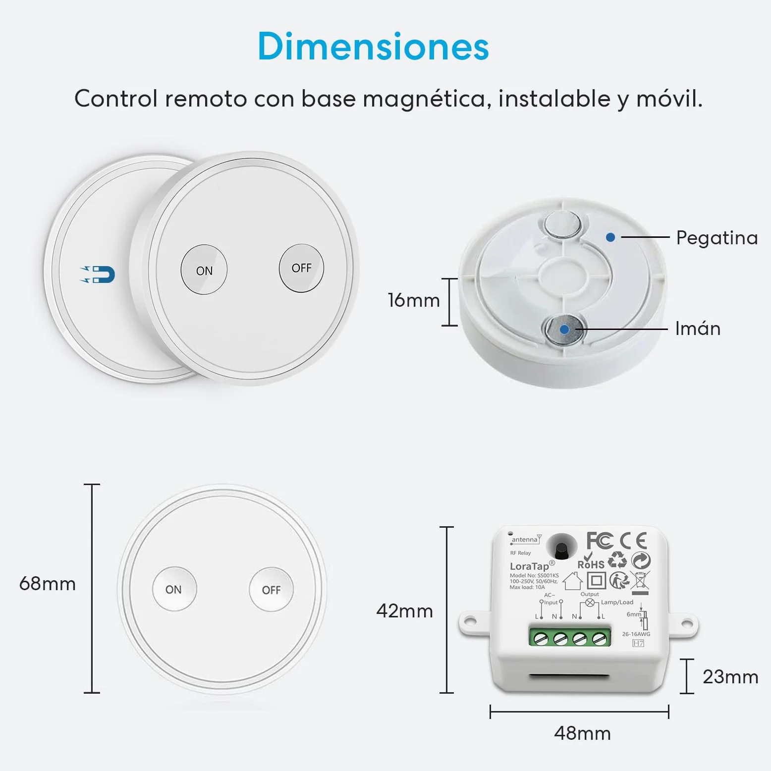 Kit de Interruptor Inalámbrico LoraTap para Luces y Electrodomésticos - Receptor de Alta Potencia 2500W 10A, Alcance Largo hasta 200m, Incluye 2 Mandos a Distancia + 1 Relé