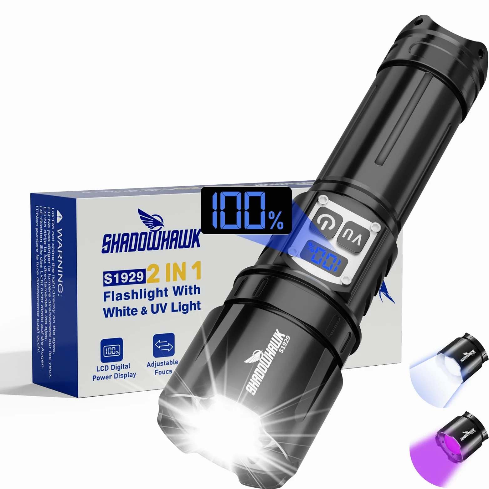 Shadowhawk 2-En-1 Linterna LED Alta Potencia Interruptor Doble 1000000 LM | Ajustar Del Brillo,Linterna Super Potente,Hasta 1000m,Luz Linterna UV para Camping/Emergencias/Detección De Orina De Mascotas