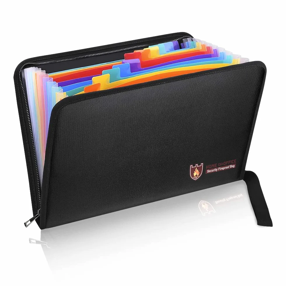 Bolsa de documentos ignífuga, resistente al fuego y al agua, tamaño A4, 12 bolsillos, resistente al fuego, impermeable, soporte para documentos, portátil, con revestimiento de silicona, no pica, para