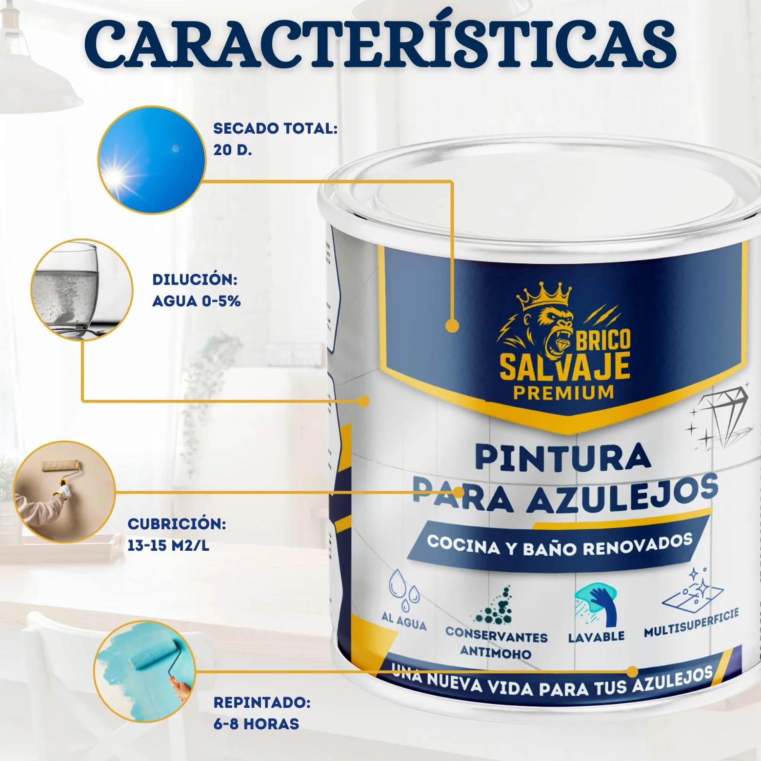 Pintura Premium para Azulejos, BRILLANTE, Duradera, Lavable, Aplicación Sencilla, Perfecta para Baños y Cocinas (AIRE PURO, 0,75 Litros)