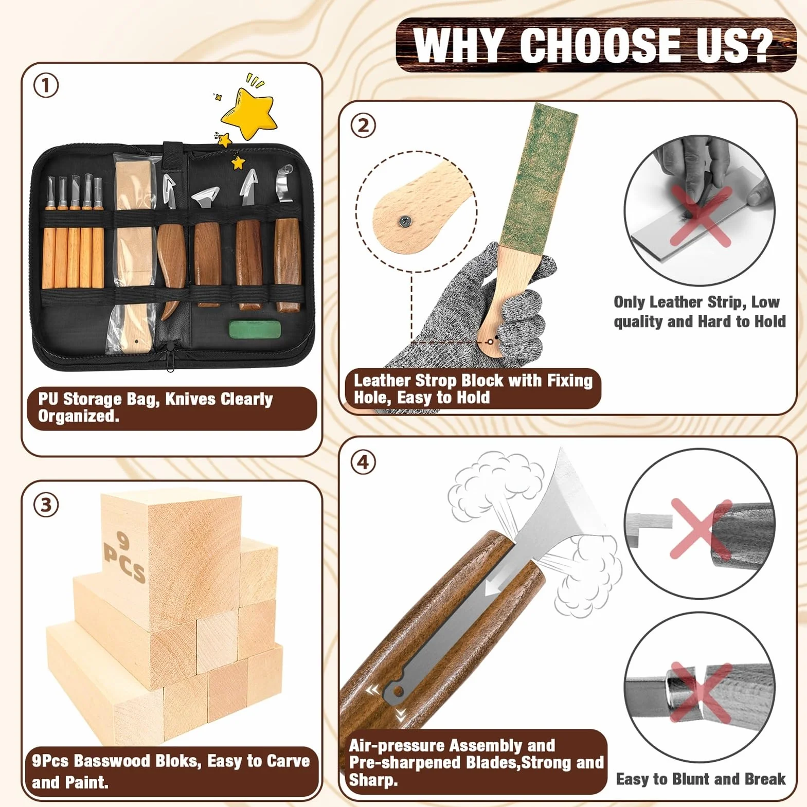 K KERNOWO - Juego de herramientas de carpintería 23 piezas, kit de tallado de madera para amantes del bricolaje principiantes, incluye bloques de madera de tilo, bolsa de almacenamiento de PU