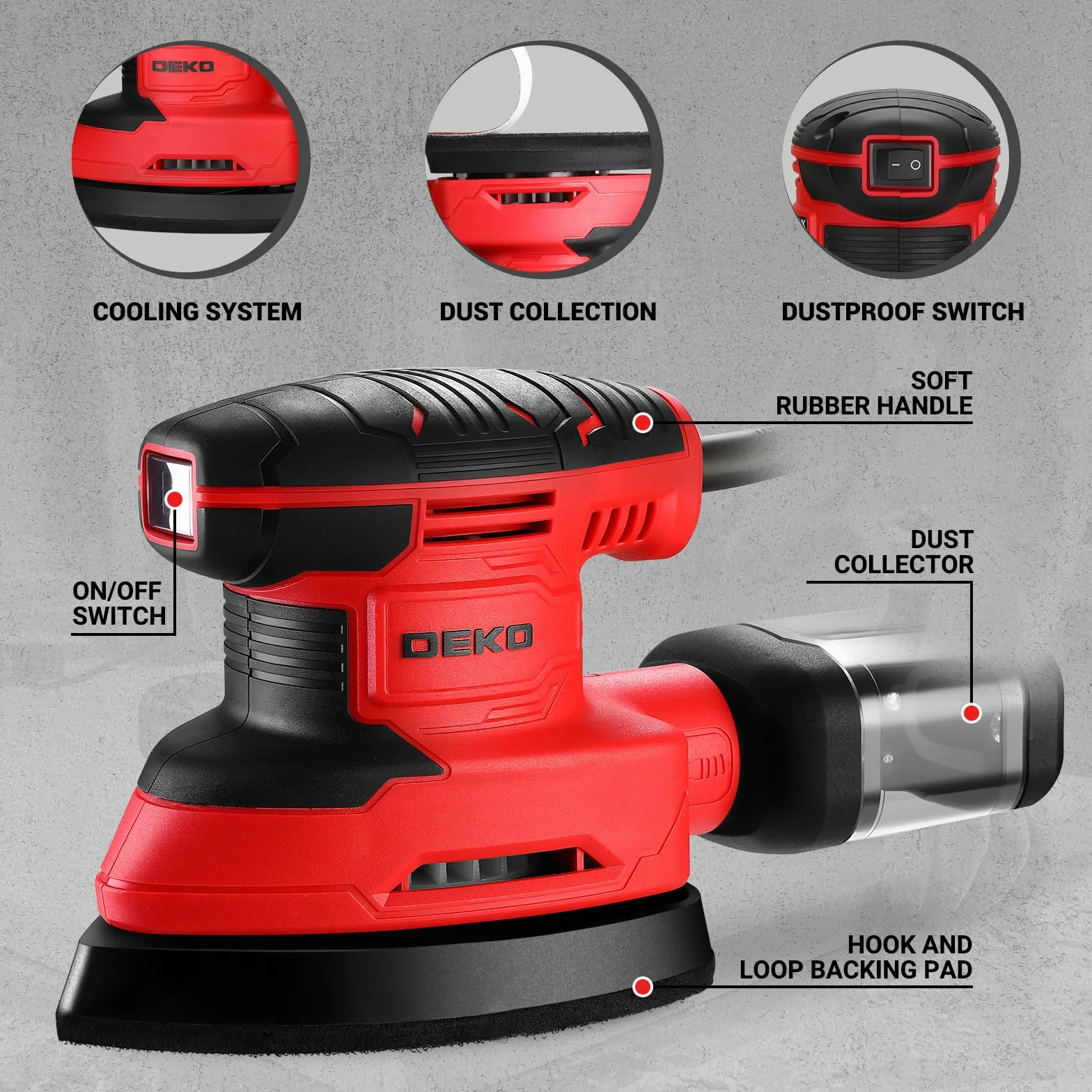 DEKOPRO Lijadora Electrica de 180W, Herramienta de Lijadora Orbital, 13000 RPM, con 15 Hojas de Papel de Lija - Lijado y Pulido de la Eliminación de la Madera, Rojo