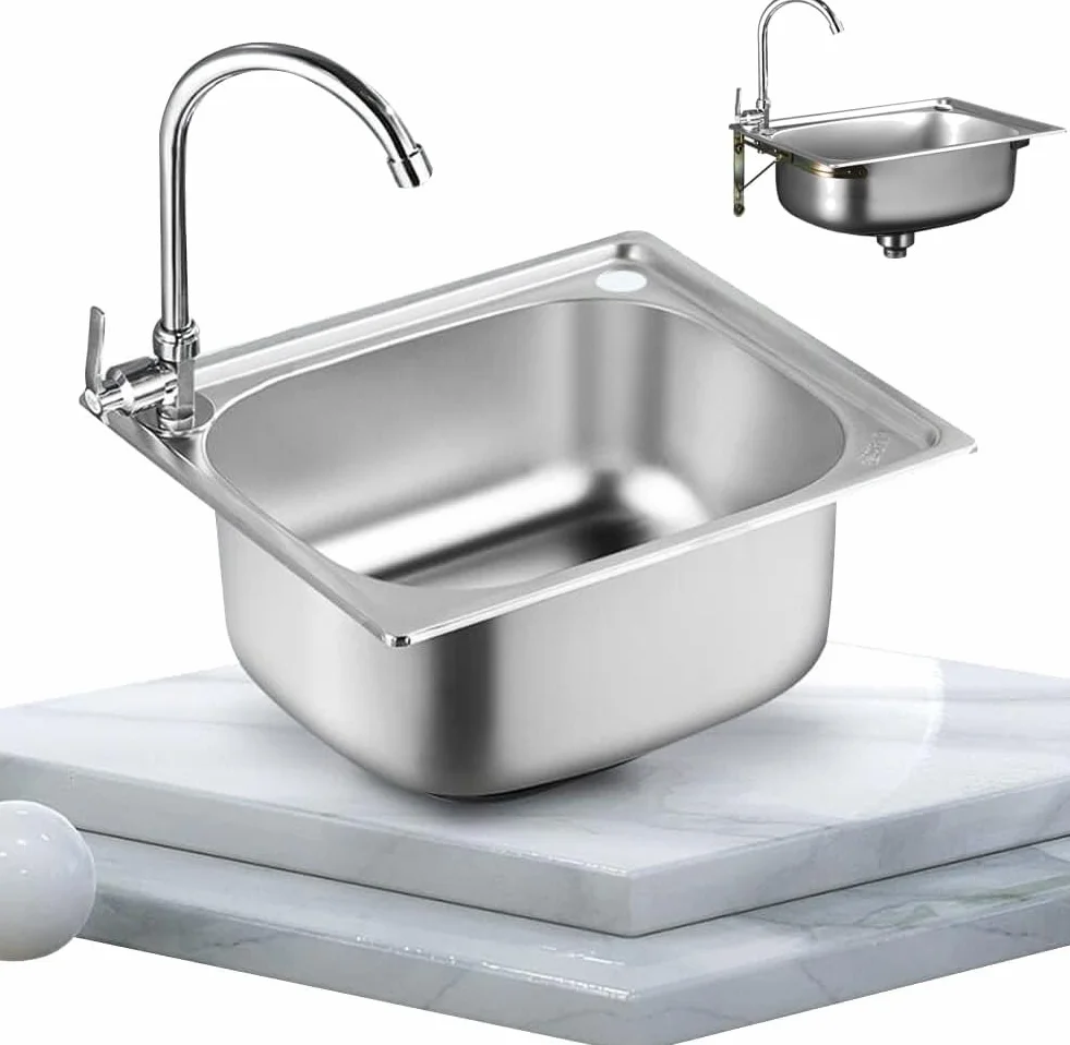 Fregadero de cocina pequeño, fregadero de acero inoxidable de un solo recipiente, caravana, para montaje bajo techo y montaje empotrado, escurridor reversible con clips para tuberías de desagüe