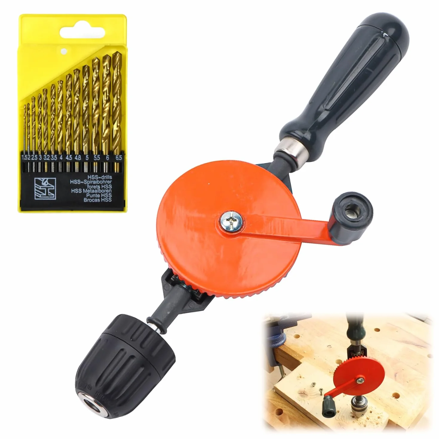 Mini Taladro Manual, 3/8 (1.5-10 mm) Pulgadas Taladro Manual, 45 Acero Barrena Madera, con 13 Brocas, Doble Pinión Mini Taladro para Madera, PVC, Plastico (1)