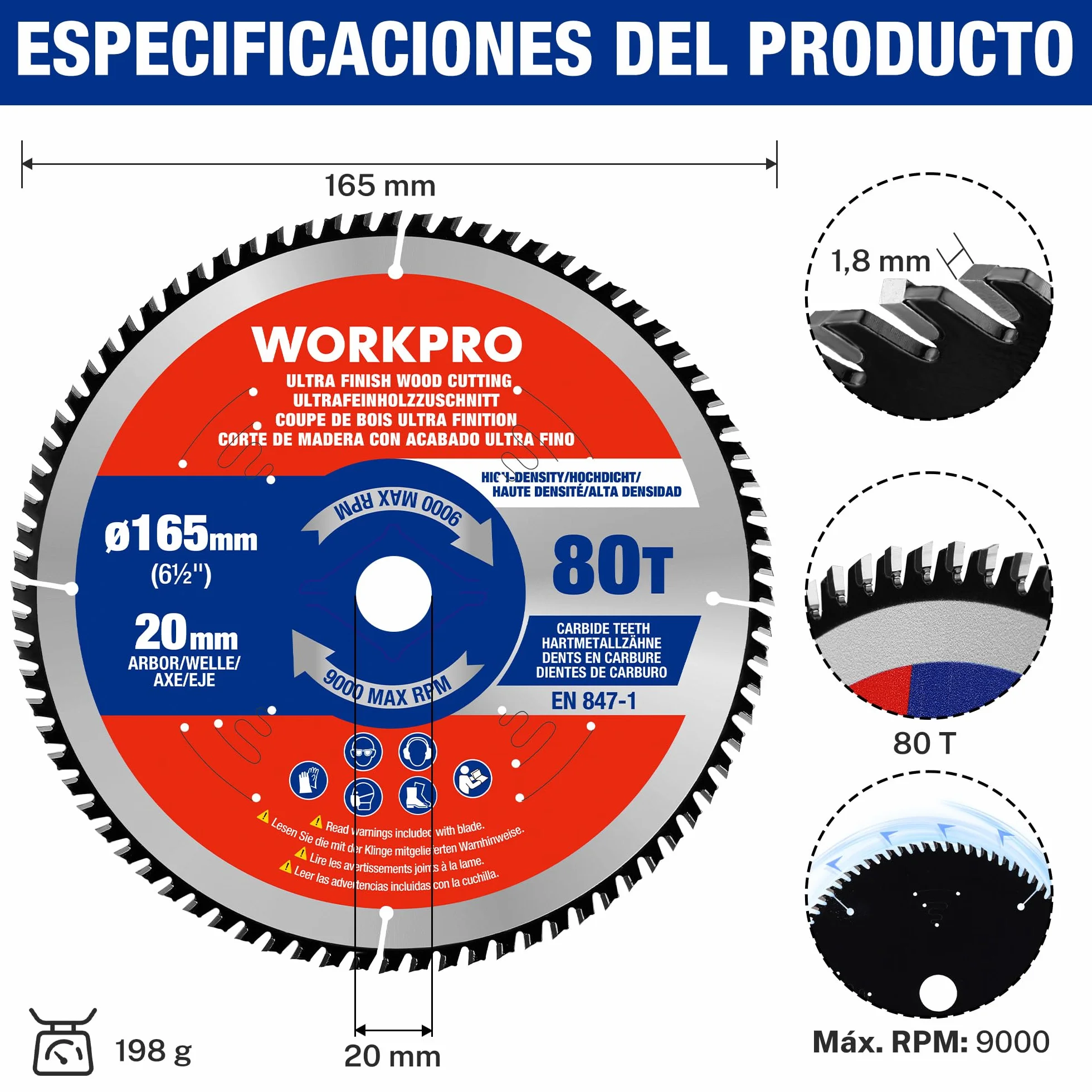 WORKPRO Sierra Circular 165 x 20 mm 80 dientes, TCT Disco de Corte para Madera, Madera Contrachapada, MDF, Paneles de Yeso, Laminado, Plástico