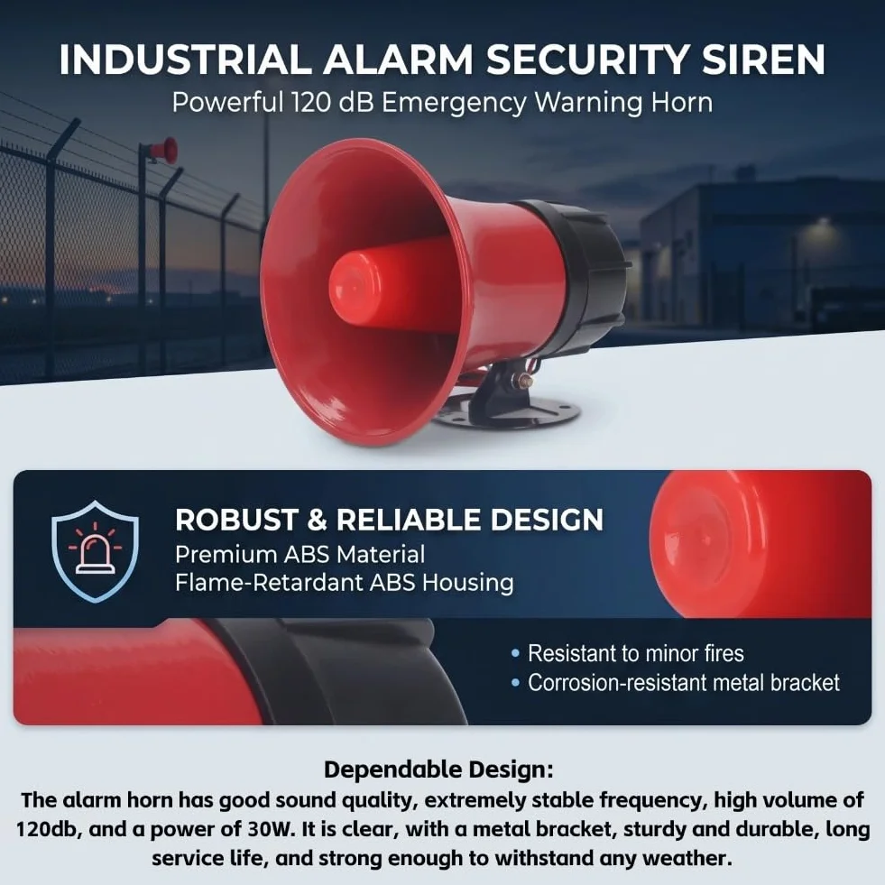 Bocina de Sirena de Alarma Industrial, Bocina de Seguridad, Sirena, Material ABS, 120dB, 30W, Bocina de Advertencia de Emergencia para Interiores y Exteriores (AC220V), SPACNANARD8K4FG1HN-13