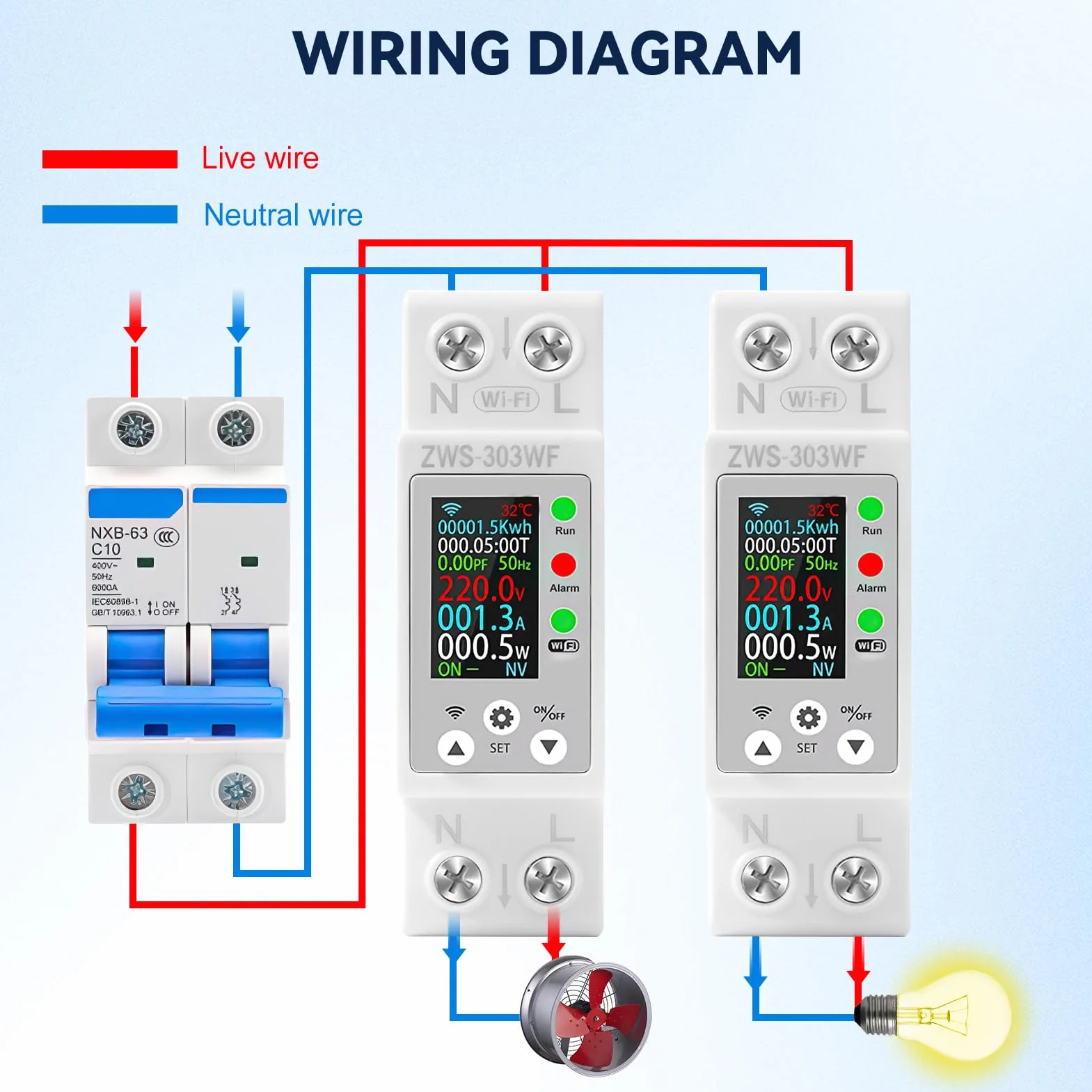 Medidor de Consumo Electrico WiFi Contador Electrico Carril Din AC 80-300V/63A Medidor Consumo Electrico Multifuncional Pantalla Digital Sobretemperatura Sobrecarga de Corriente Sobrecarga