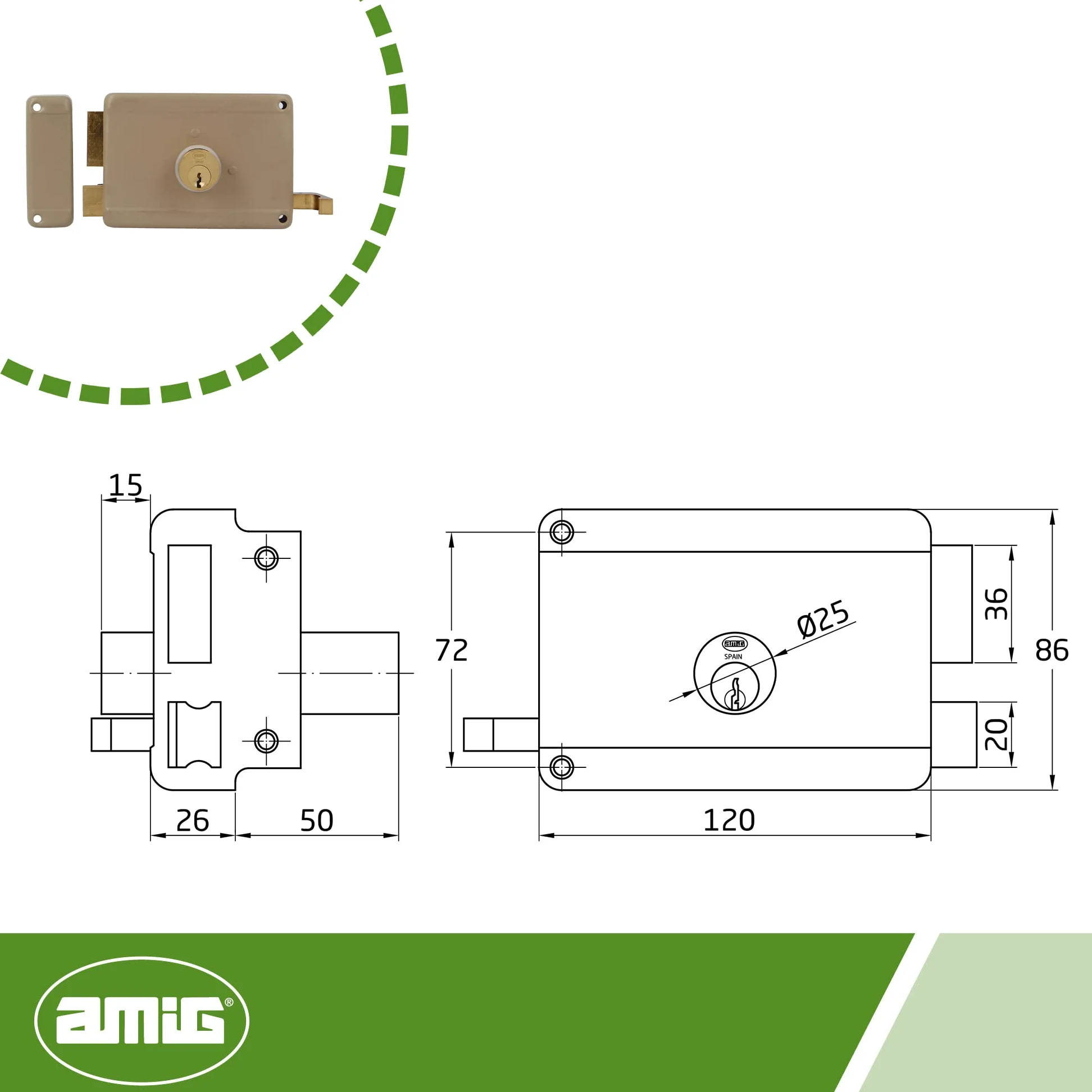 Amig - Cerradura de Sobreponer de Izquierda con palanca de Cierre, Lengüeta y Tirador para Puertas de Madera Mod. 78-120 x 85 mm - Pestillo con Cilindro Redondo de Serreta - Acero Beige