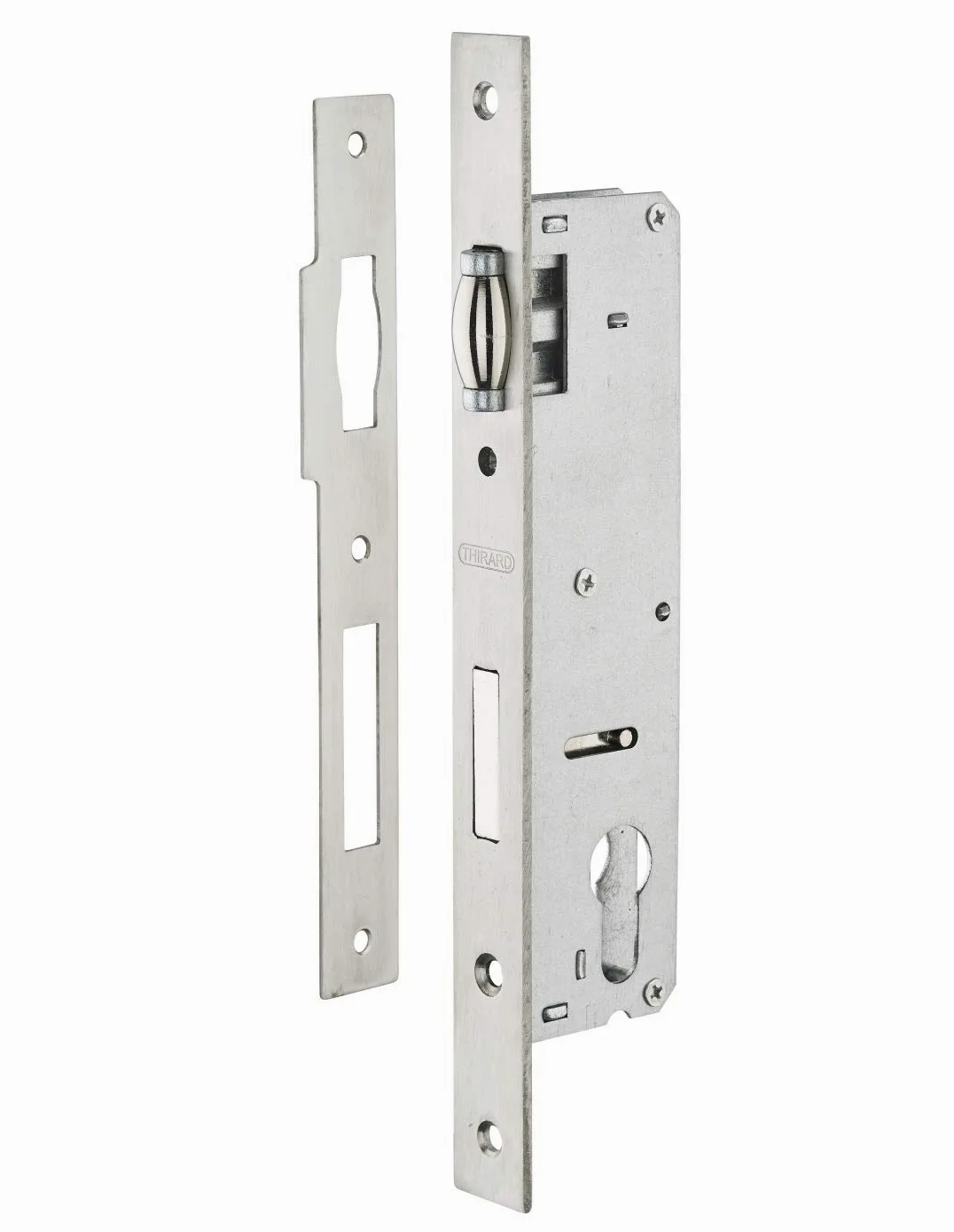 THIRARD - Caja de Cerradura Embutida a Rodillo con Cilindro para Carpintería Metálica - Eje 30 mm - Cuadrados - Zincado - Caja Acero - Tapa Inox - Pestillo Aleación Niquelada - Placa Inox - Gris