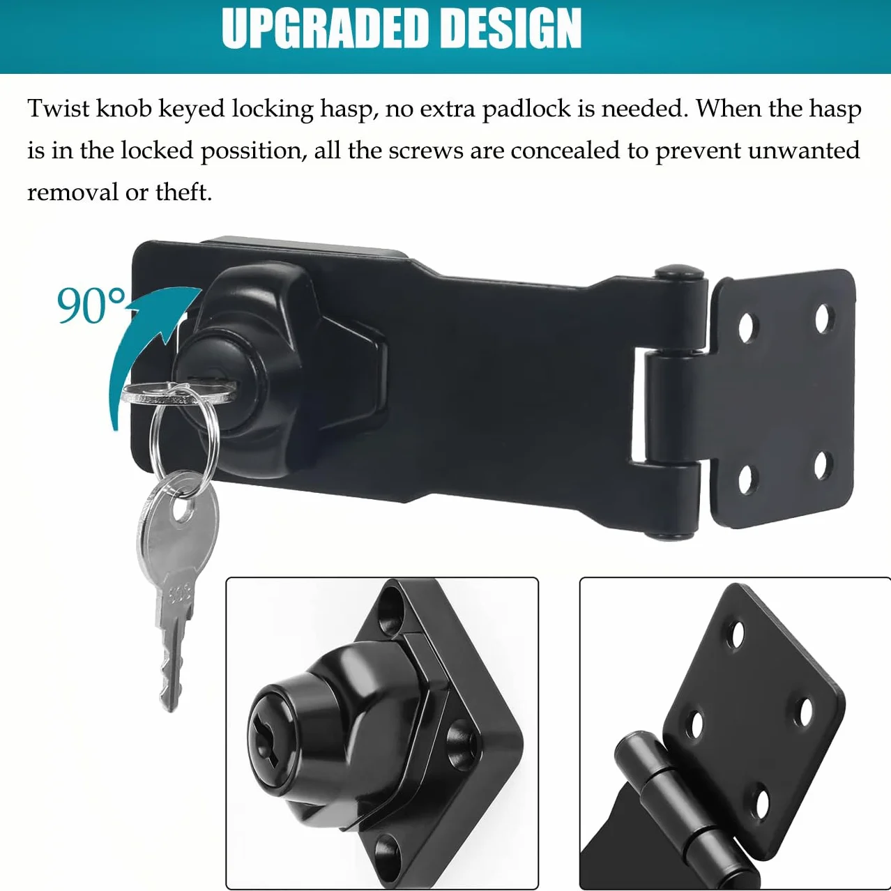 Cerradura de cerrojo de ángulo recto 90 grados con llave, cerrojo pequeño de seguridad para puerta, cobertizo (Black 2.5 Inch)