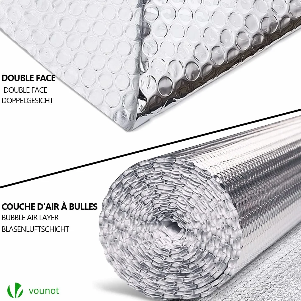 VOUNOT® Aislante Térmico Reflexivo 10 x 0.6 m Aluminio y Burbujas, Lámina Aislante Doble Cara