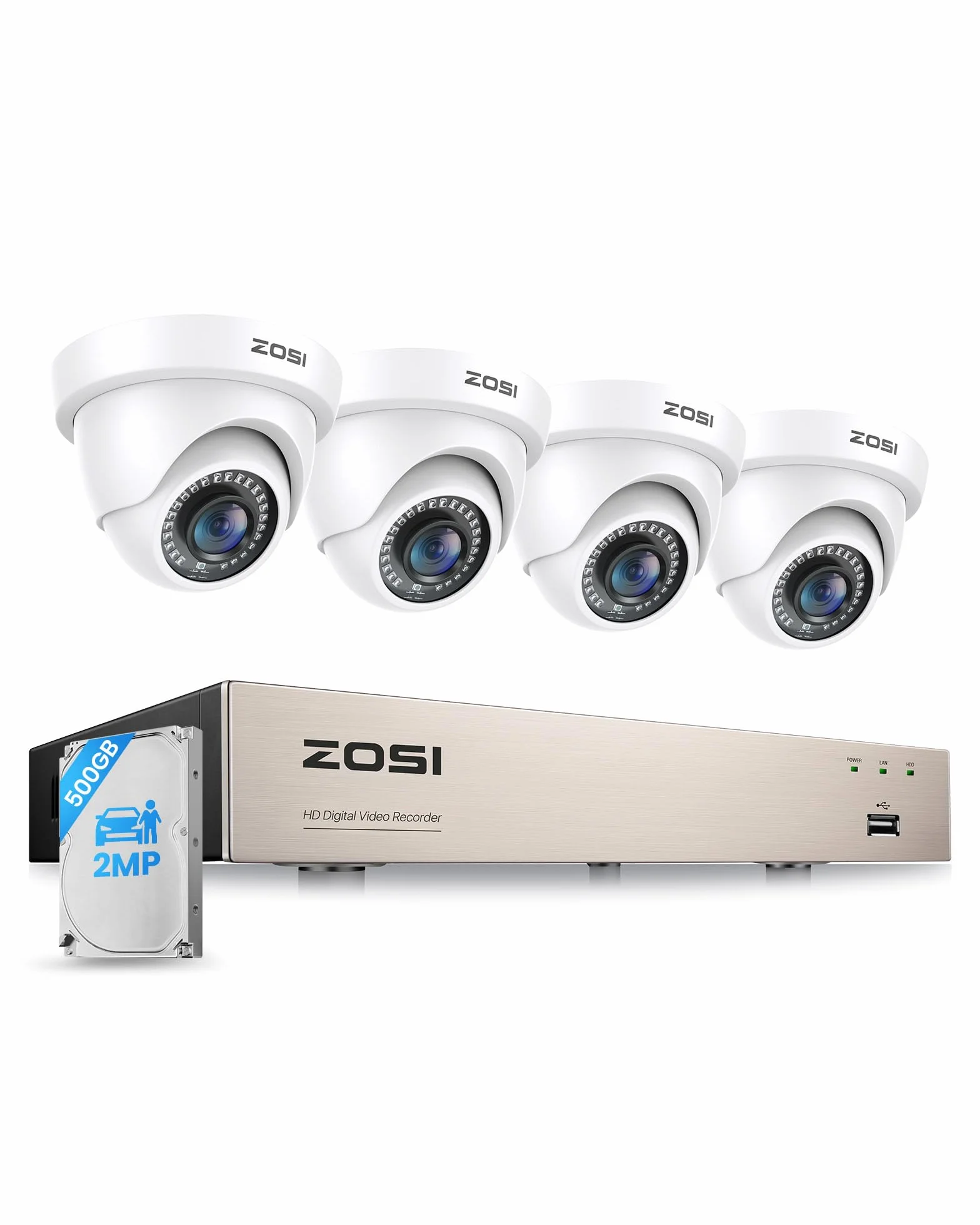 ZOSI 2MP Kit Cámaras de Vigilancia Cableada para Hogar y Negocio 4 1080P CCTV Cámara Seguridad Interior y Exterior con 8CH DVR Sistema 500GB Disco Duro, Detección de Personas, Visión Nocturna
