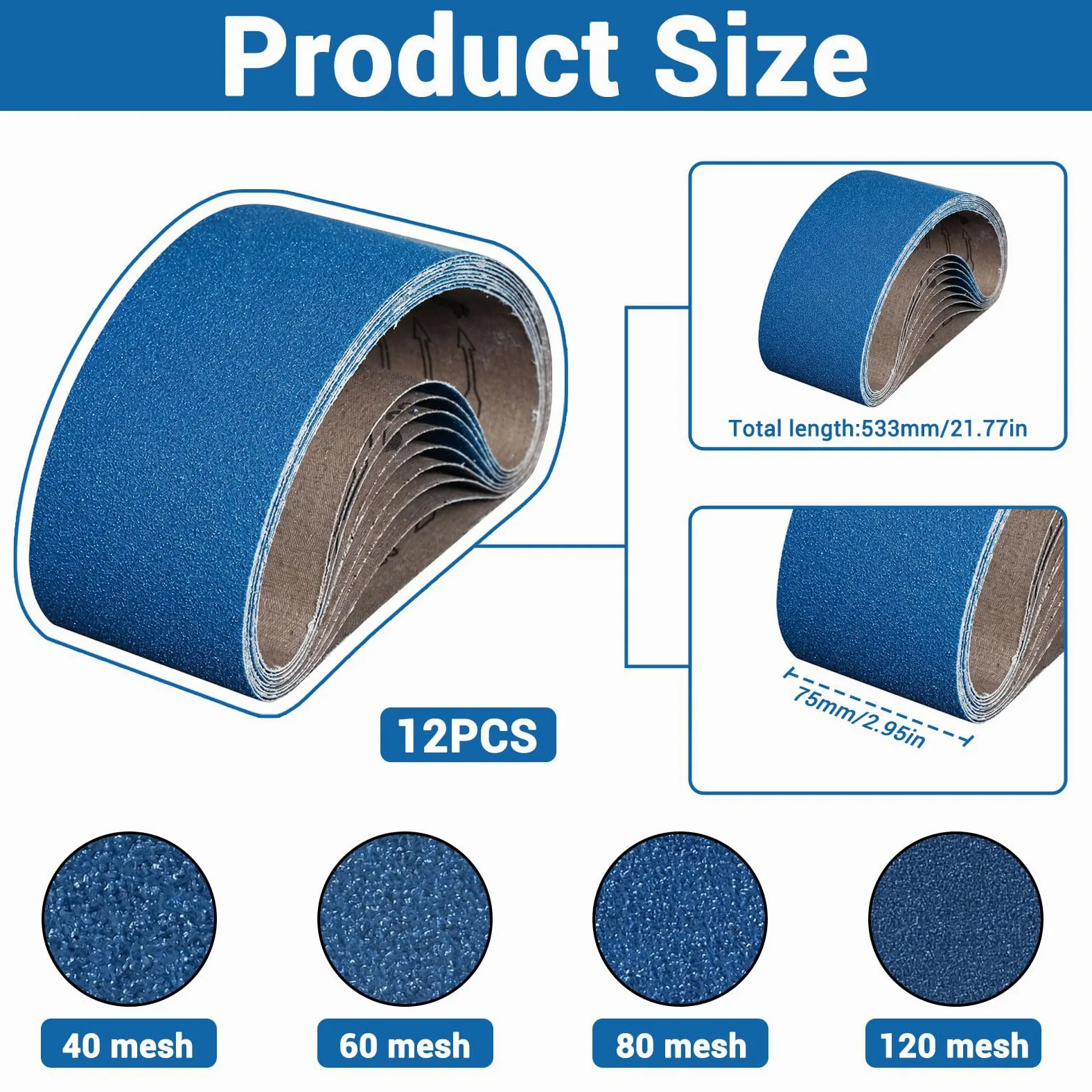 Juego de 12 bandas de lija de 75 x 533 mm, 40/60/80/120 para lijadora de banda lijadora, para lijar, limar, afilar y eliminar el óxido