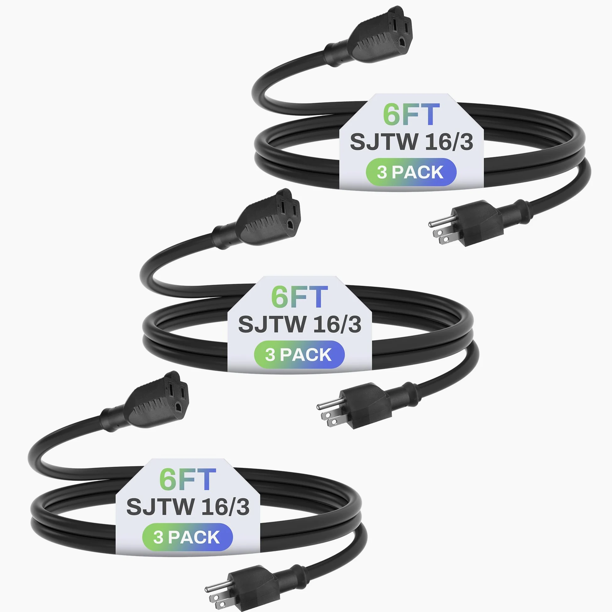 BN-LINK Cable de extensión para interiores y exteriores de 6 pies, 16/3 SJTW, paquete de 3, negro, 3 puntas, resistente a la intemperie y ignífugo, para interiores, jardín, paisajismo y decoraciones