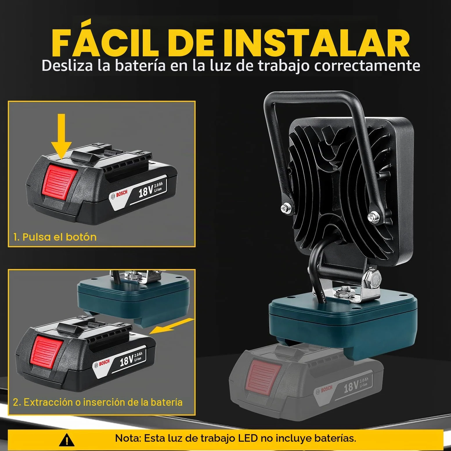 SKYWORLD Luz de trabajo LED inalámbrica para batería Bosch de 18 V, 48 W, 4800 lm, reflectores portátiles para iluminación de camping de bajo voltaje al aire libre, taller, garaje, lugar de trabajo