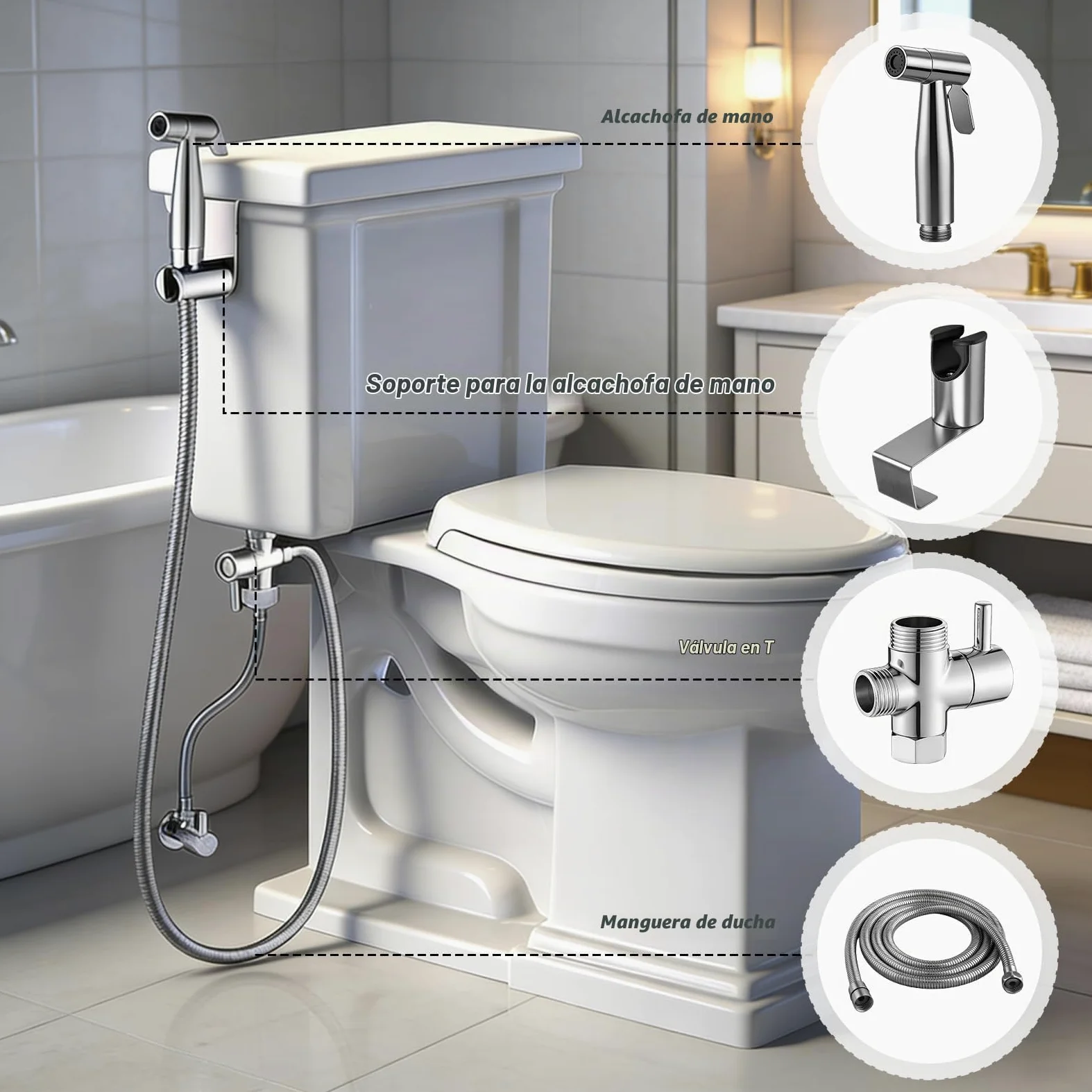 Set de Ducha Bidé de Mano, Pulverizador de Bidé de Mano con Válvula en T G1/2" y Adaptador de Inodoro G3/8", Manguera de 150 cm, Cabezal de Ducha para Pañales y Baño de Mascotas