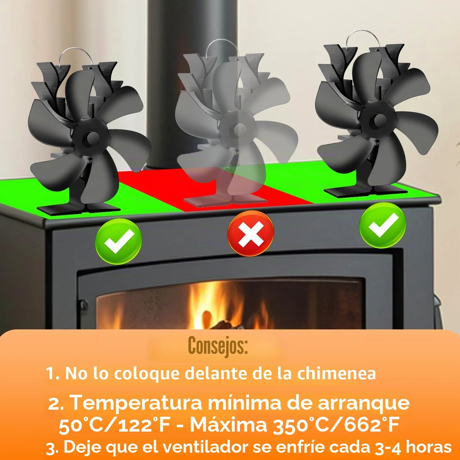 NZQXJXZ Ventilador Estufa Leña 6 Aspas con Termómetro, Alimentado por Calor y Silencioso, Circulación Eficiente de Aire para Chimenea, Estufa de Leña y Hogar, Accesorio de Calefacción