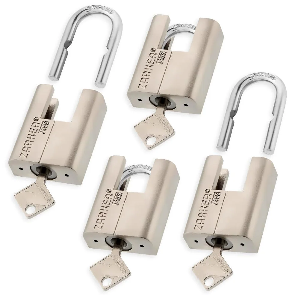 Candados con llaves iguales de la serie J - Cerradura con grillete de acero inoxidable, depósitos al aire libre, etc., adecuados para lugares con malas condiciones climáticas J45S Paquete de 4