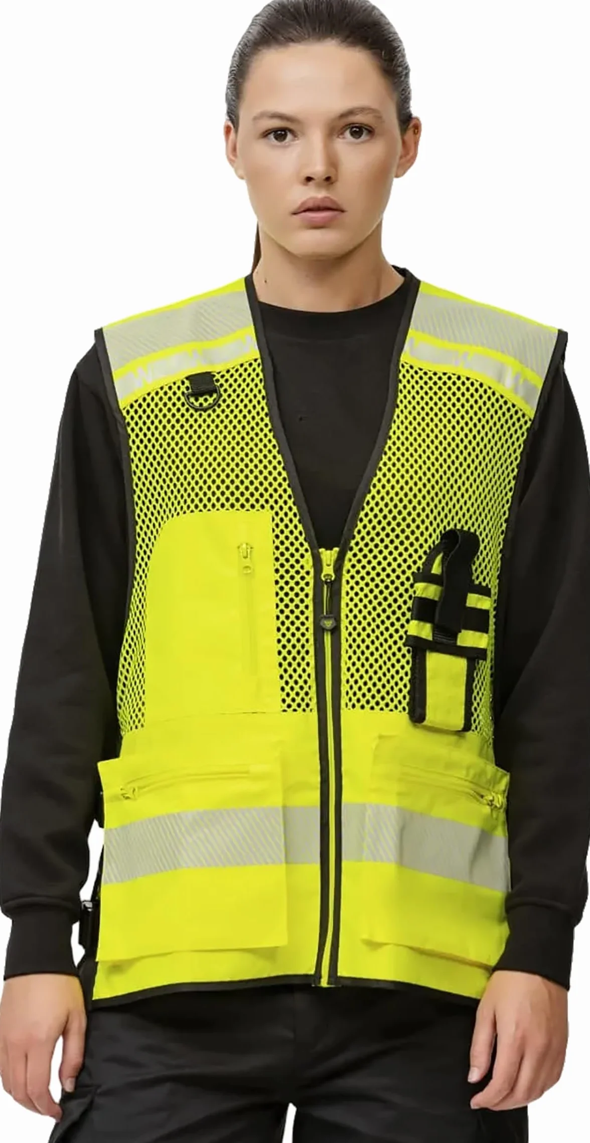 WORKTEAM Chaleco de Alta Visibilidad con Rejilla Transpirable, Cintas Reflectantes Segmentadas, Ajustes Laterales y Multibolsillos Unisex