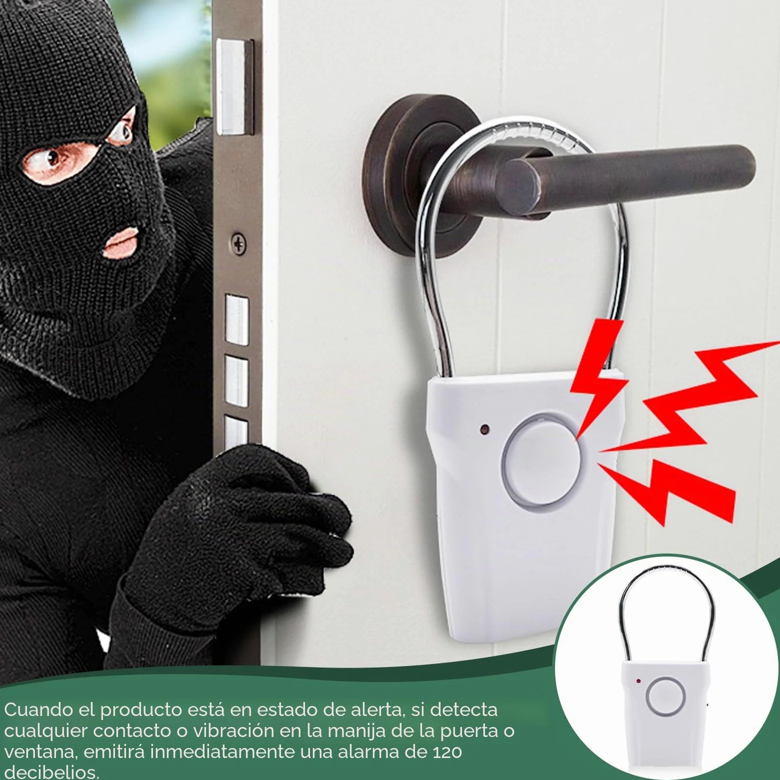 2 piezas de alarma de manija de puerta, alarma antirrobo inalámbrica de 120 dB, sensor táctil y de vibración para puerta y ventana, alerta de seguridad para casa, hotel de viaje, autocaravana, color