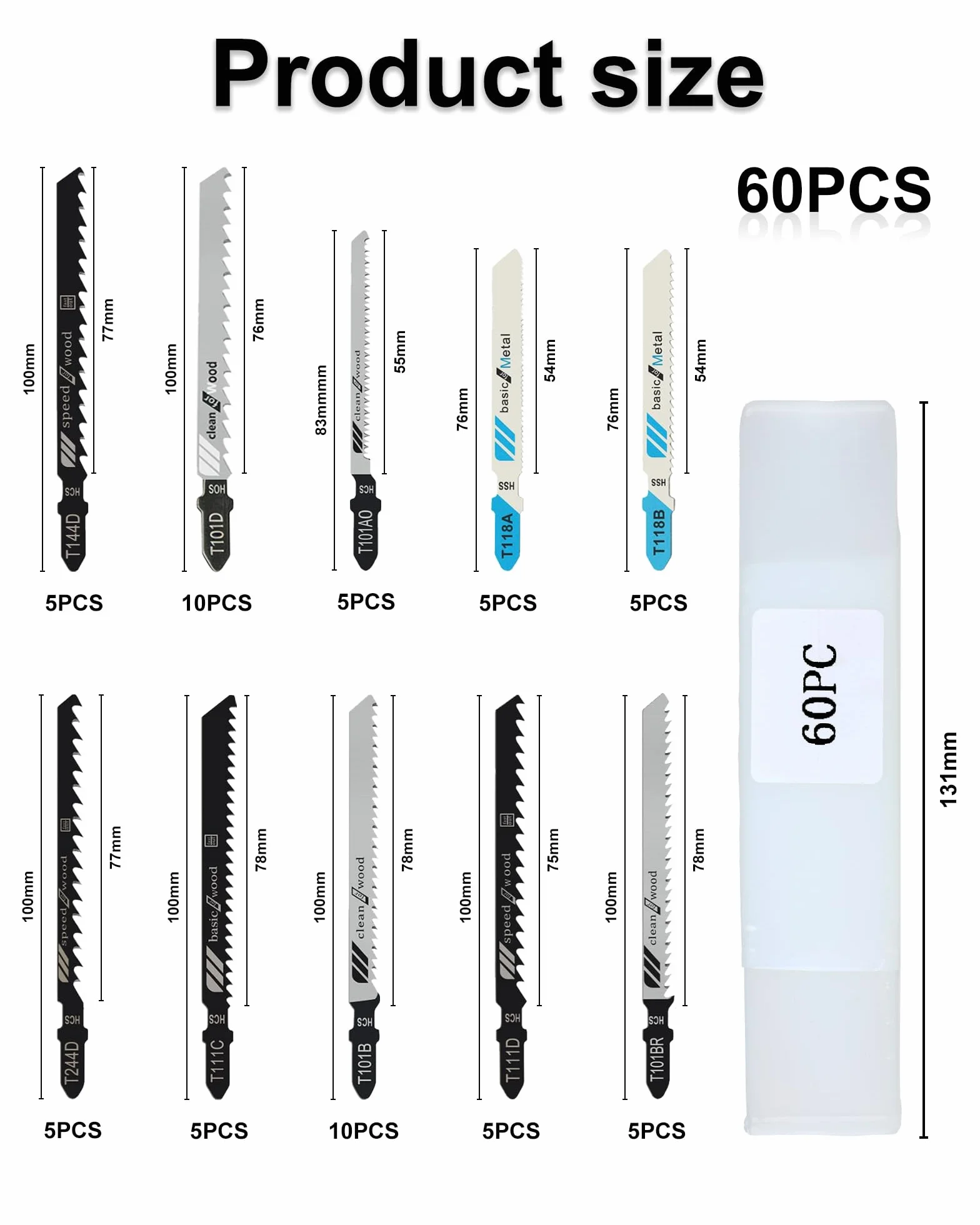 Set de 60 Hojas Sierra de Calar – Hojas T-Shank para Madera, Plástico y Metal, Hojas Sierra de Calar para Madera, Hojas Largas con Práctico Estuche de Almacenamiento