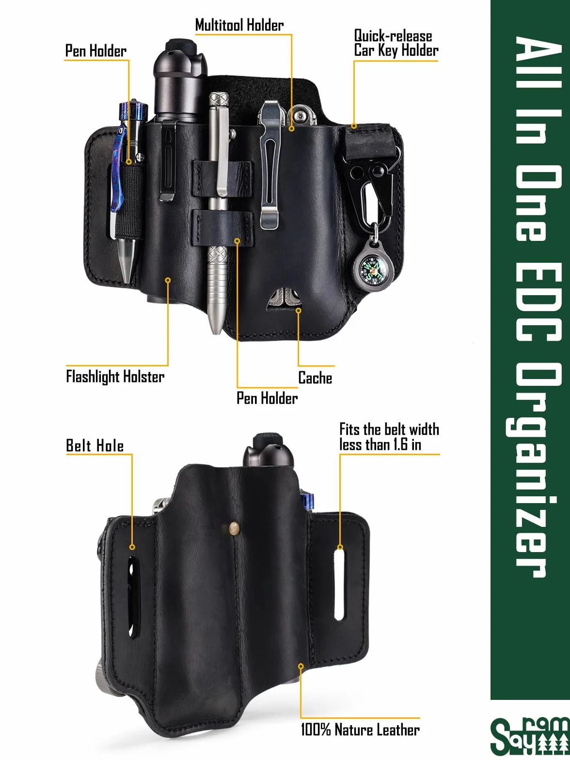 Funda multiherramienta Leatherman, organizador EDC de cuero con linterna, bolígrafo y clip de llavero, ideal para trabajo y uso diario
