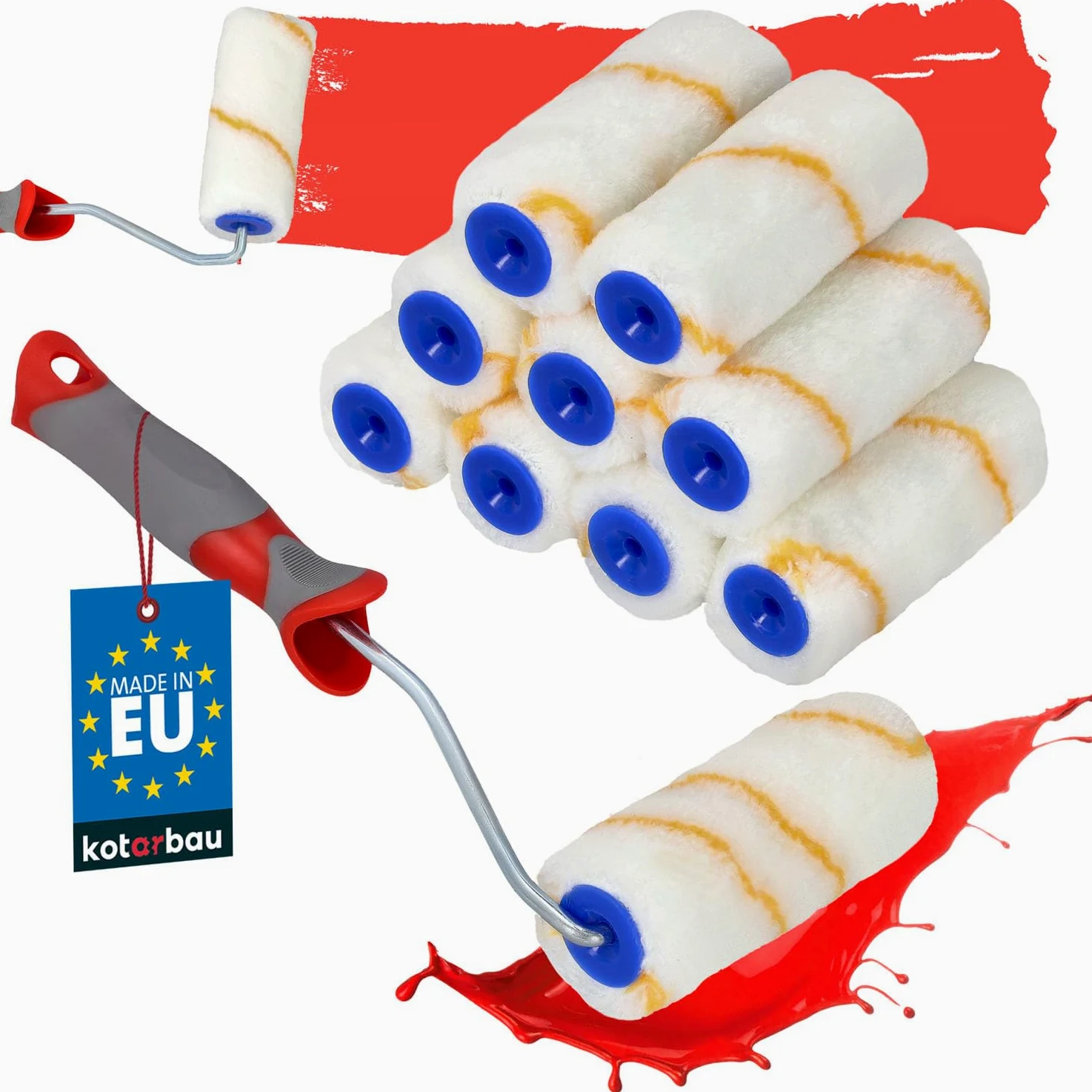 KOTARBAU® 10 x Rodillos de Pintura de Hilo Amarillo, 100 mm, Rodillo de Pintar con Mango de Goma, Rodillos para Paredes y techos, Rodillo antigoteo, Rodillo Pintura, Juego de 10 Rodillos de Pintar