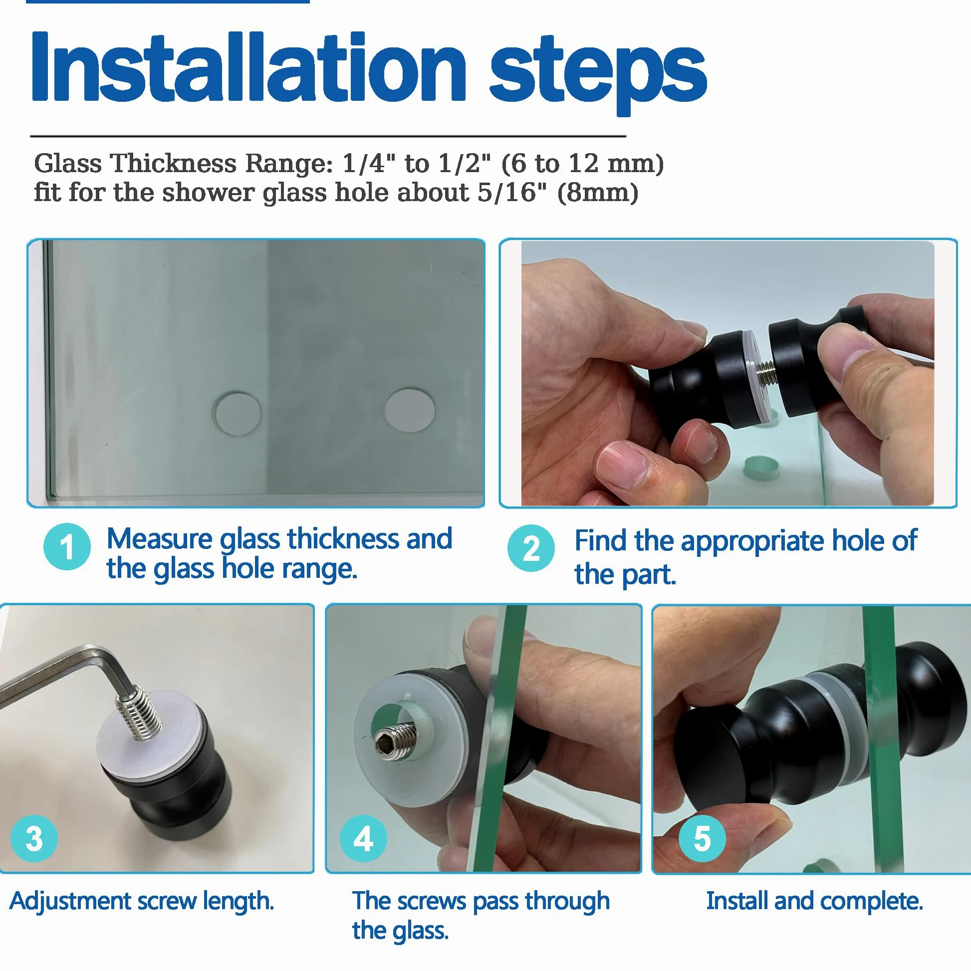 Tirador para mampara de ducha de repuesto para puerta de ducha, para vidrio de baño de 6 mm a 15 mm de grosor, negro mate (cromo satinado)