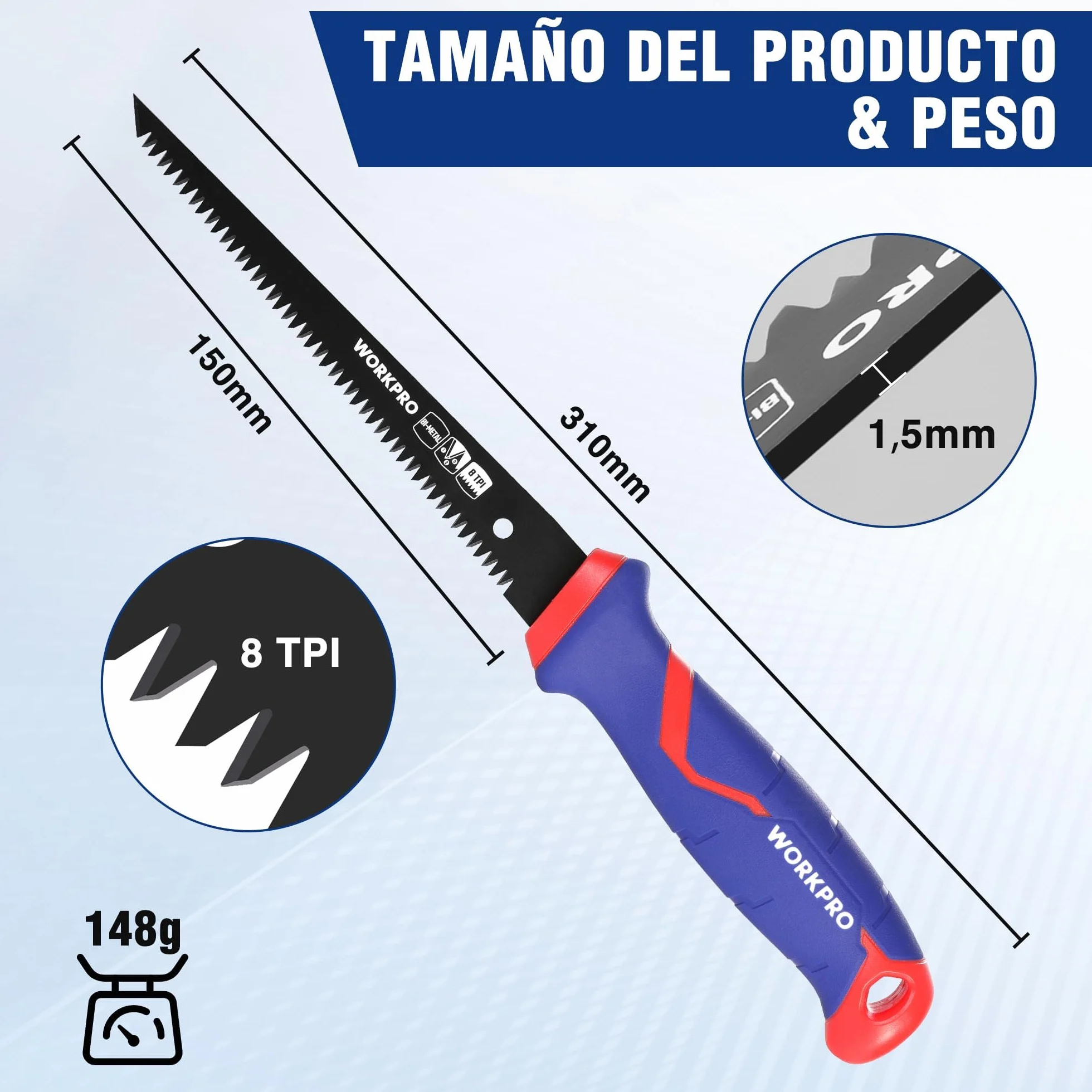 WORKPRO Sierra Bimetálica 310mm, Hoja D6A+M2 de 8 TPI, Agujero de Colgar, Ideal para Cortar Yeso, Madera y PVC, Paneles Finos