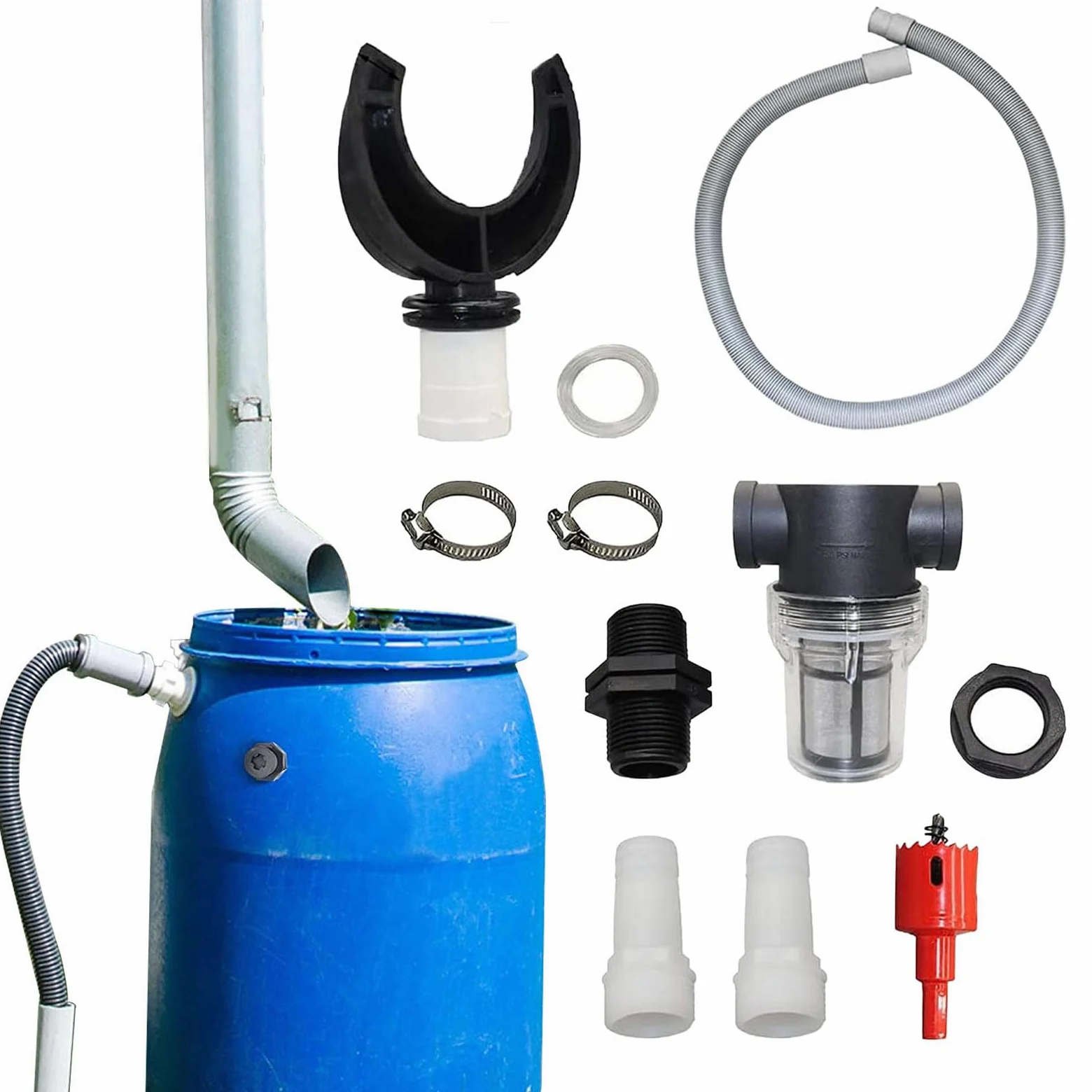 Colector de Lluvia para Bajantes de 70-100 mm, Colector de Agua de Lluvia con Filtro para Techos de hasta 80 m², Juego de Conectores para Barril de Lluvia, Colector de Lluvia