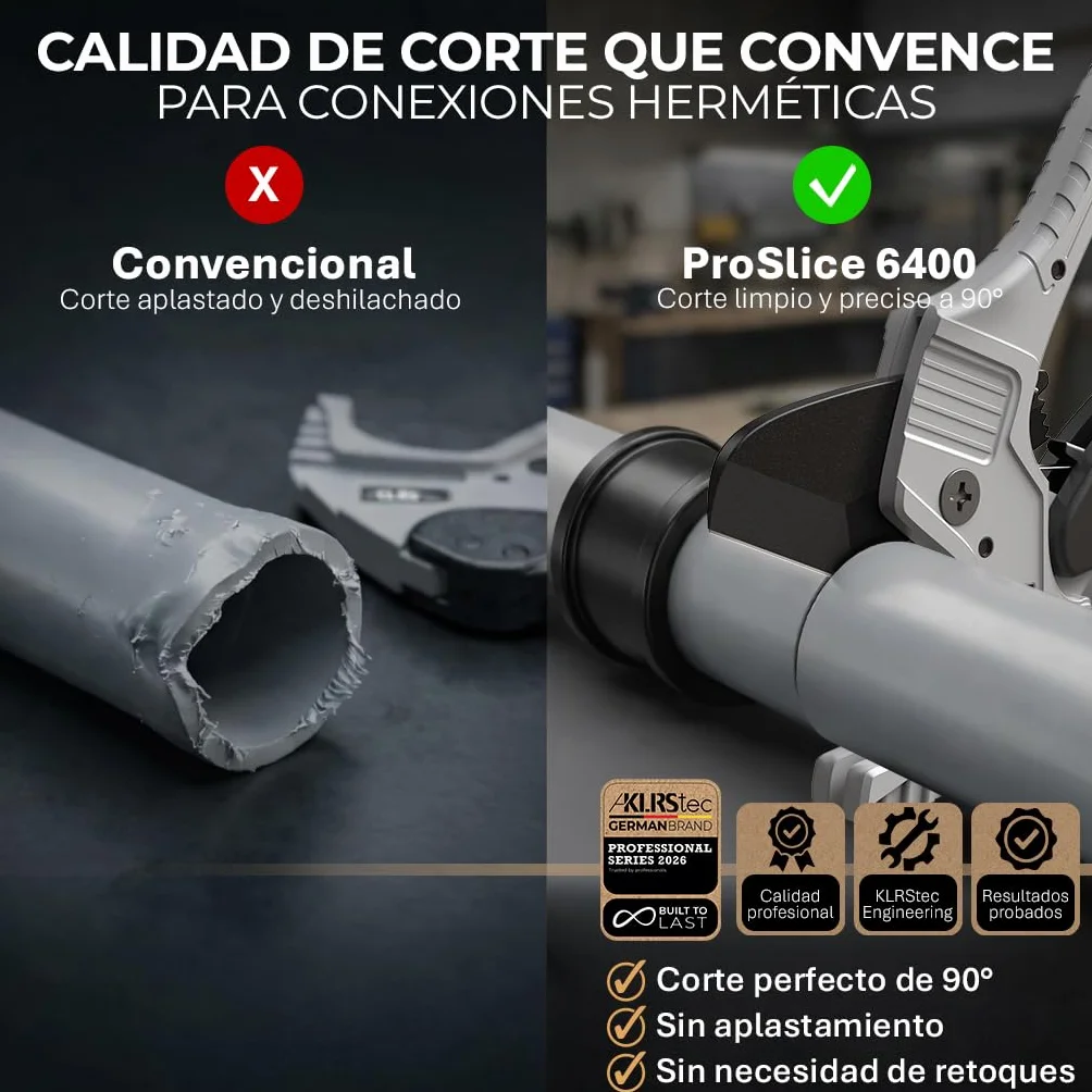 KLRStec Juego de cortador de tubos de PVC profesional ProSlice 6400 (64 mm/2-1/2") Cortador Profesional con Carraca para PVC, PE, PP – Incluye Cuchilla de Repuesto y Funda Nylon con Clip
