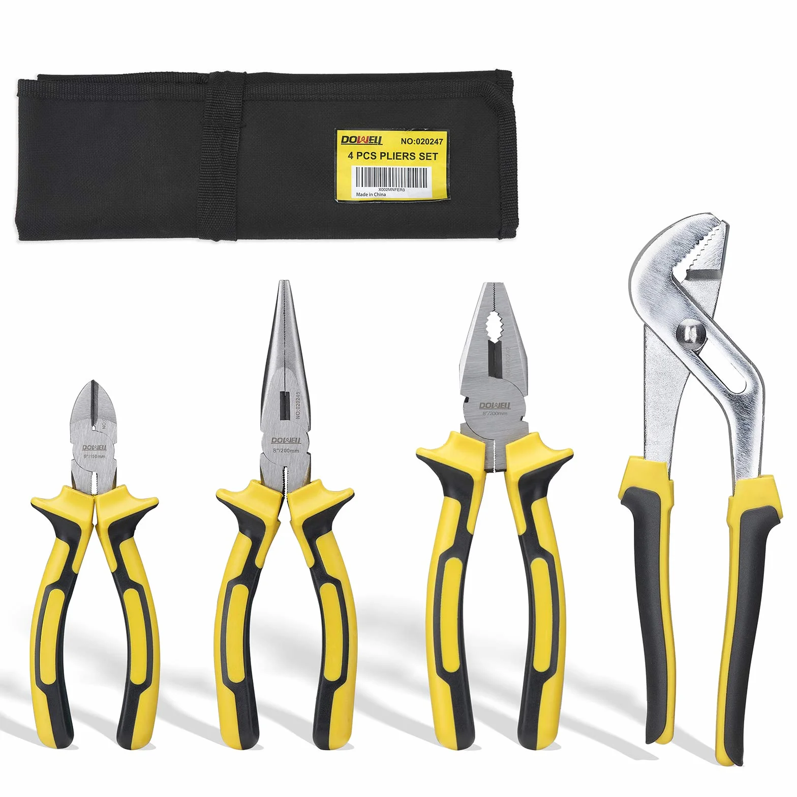 DOWELL Juego de 4 Alicates Con Bolsa de Almacenamiento - Punta Larga 8", Línea 8", Diagonales 6", Junta de Ranura 10"