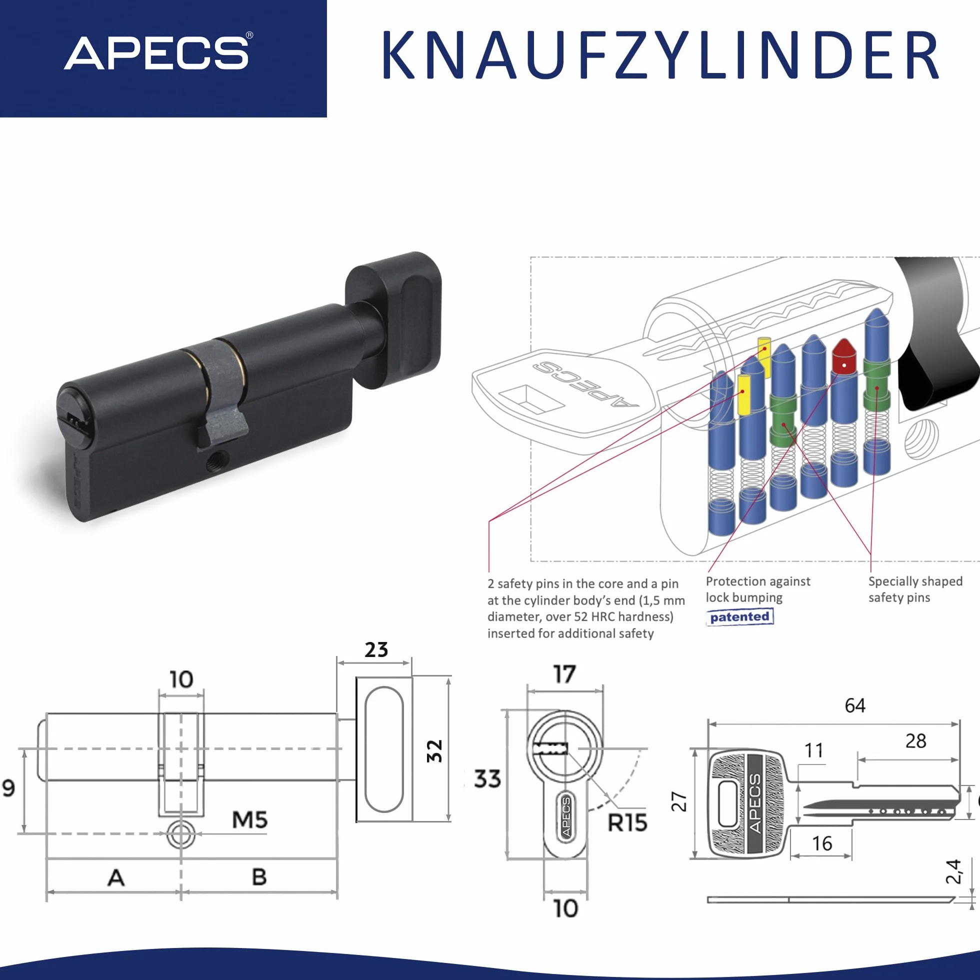 Cilindro con pomo negro APECS cilindro de cerradura con pomo cerradura de cilindro 65 (30/35C) mm para cerradura de puerta de entrada con 5 llaves modelo SM-65(30/35C)-C-BLM