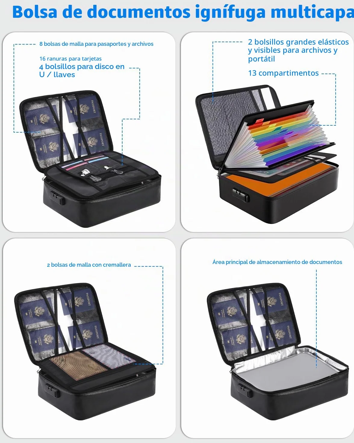 Caja Fuerte Ignífuga con Cerradura, Organizador de Documentos Importantes, Resistente al Agua, Maletín Portátil para Documentos con Bolsa Organizadora de Varias Capas para Archivos, Pasaporte