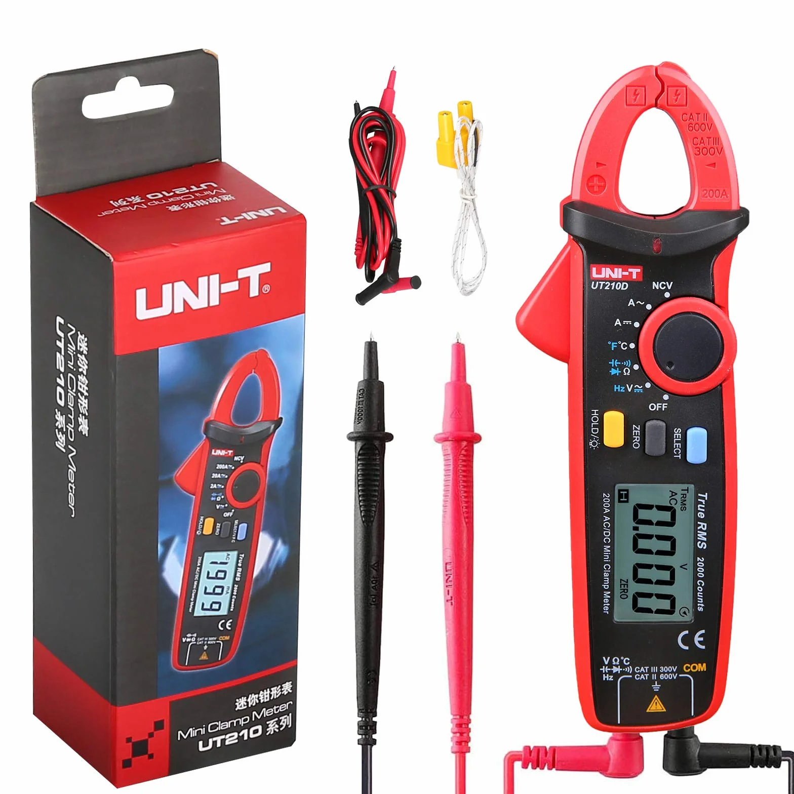 UNI-T UT210D Multímetro Digital CA/CC, medición de voltaje, corriente, resistencia y capacitancia, con abrazadera, medición de temperatura