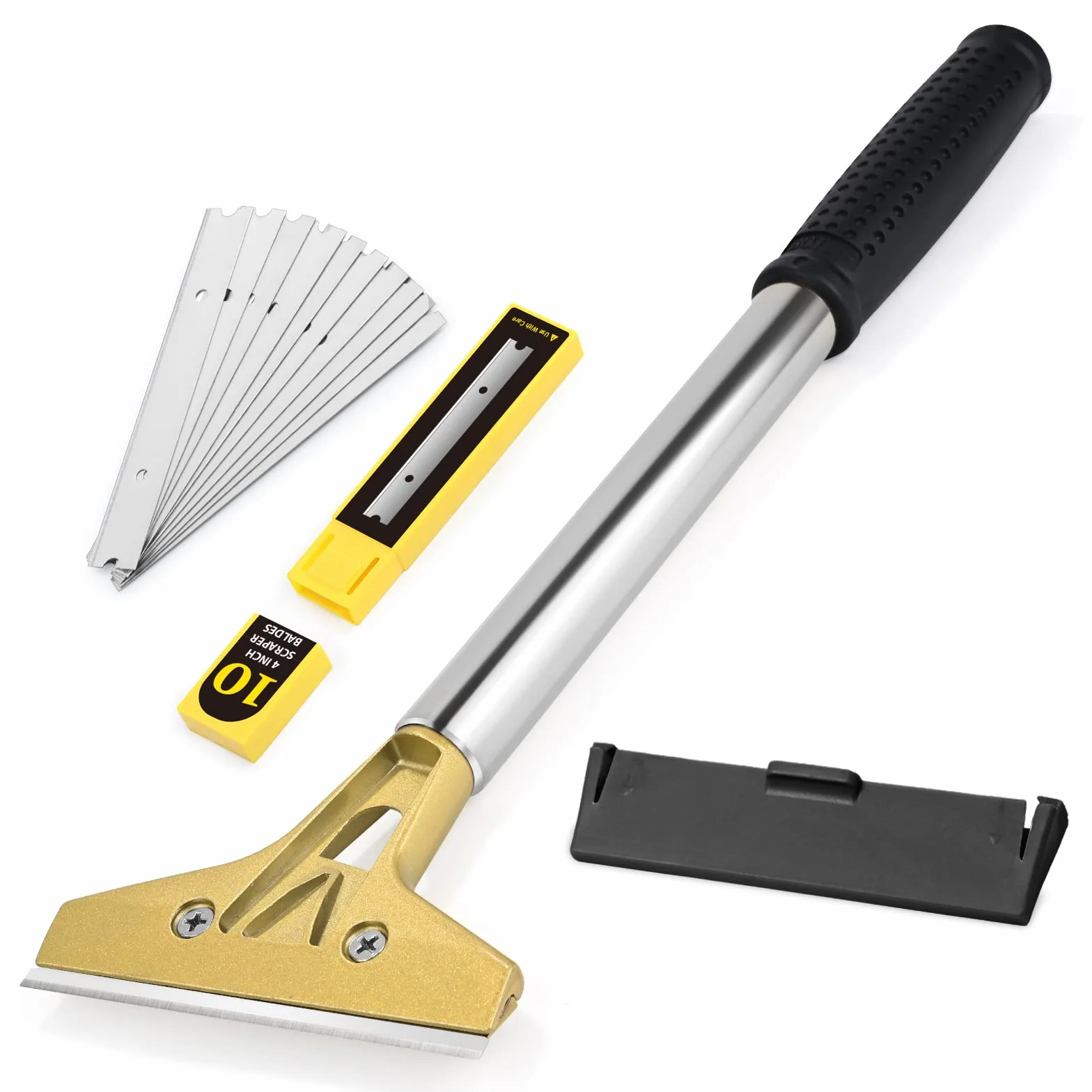 EHDIS Industry Rasquetas con 10 Cuchillas de Acero Al Carbono 100 mm, Raspador de Vidrio con Agarre Suave, para Ventana de Vidrio, Parabrisas, Granito, Limpieza de Paredes