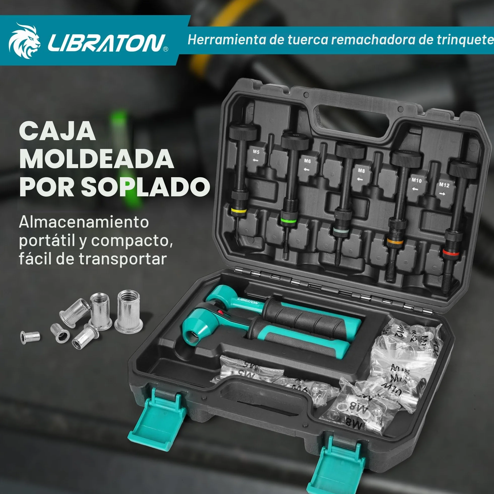 LIBRATON Remachadora de Tuercas, Remachadora de Tuercas Profesional con Trinquete, Pistola de Remachadora Manual con 5 Mandriles Métricos, 5 Boquilla de Tuerca, 50 Piezas Tuercas Remachables, Caja
