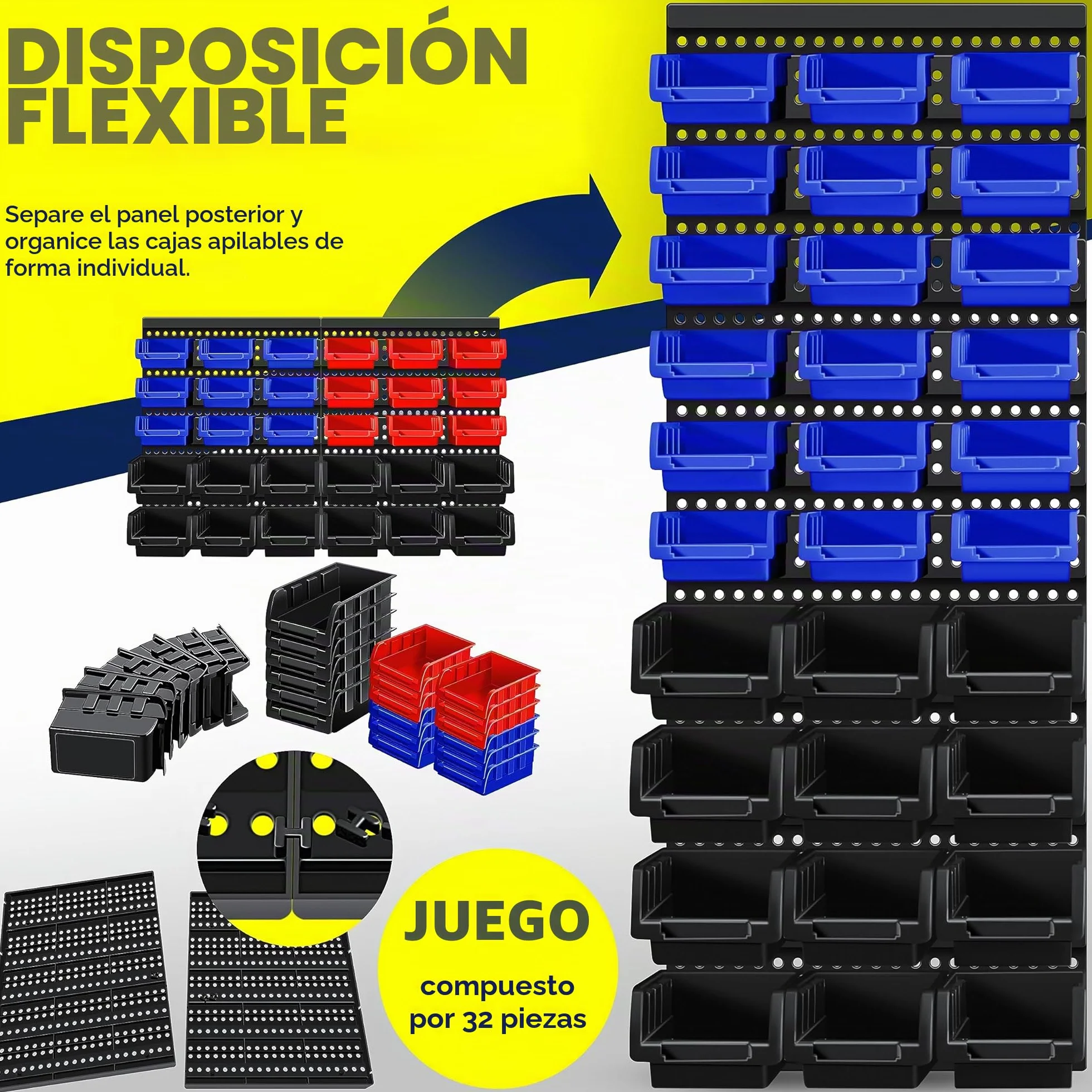 MASKO® Cajas Apilables, Estante de Pared, Cajas de Almacenamiento visibles, Estante Basculante, Estante Enchufable, 32 partes - Negro/Azul/Rojo
