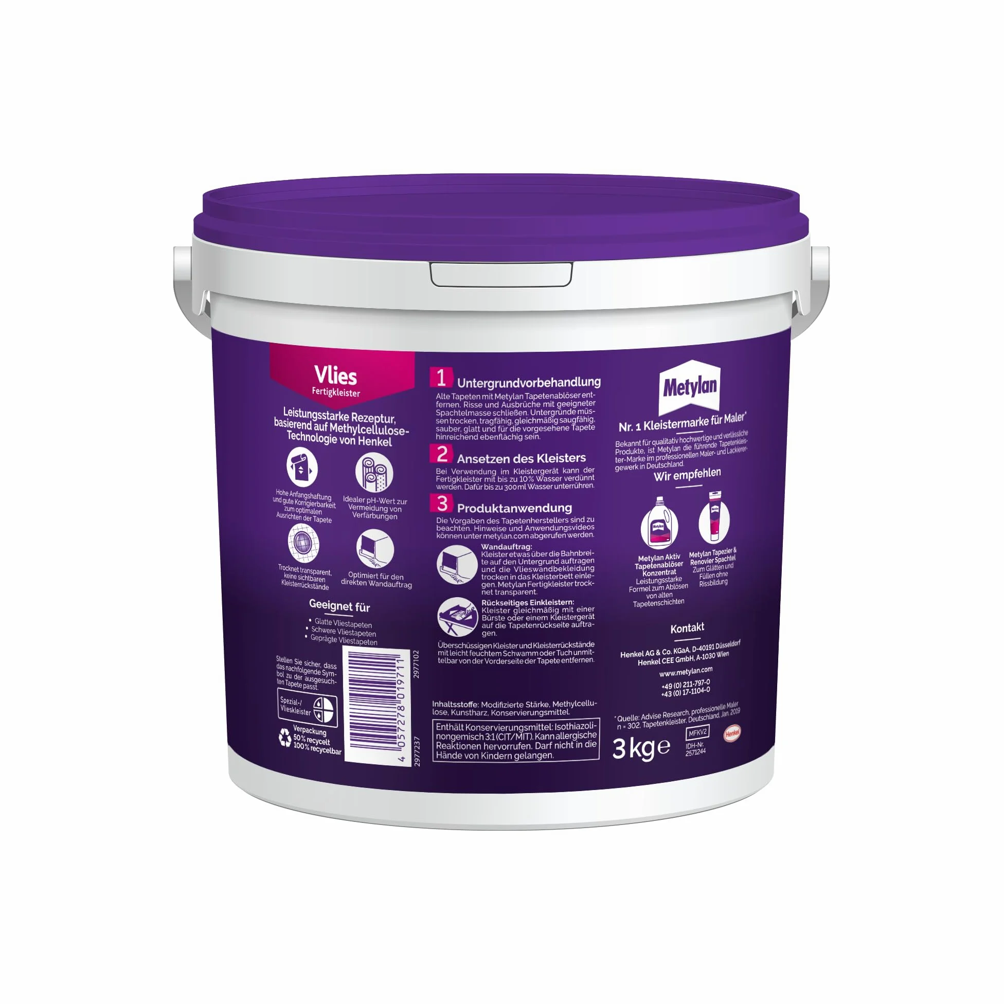 Metylan Pegamento para papel pintado resistente a la humedad para papel pintado, pasta para papel pintado no tejido, pegamento para fácil empapelado, 1 x 3 kg