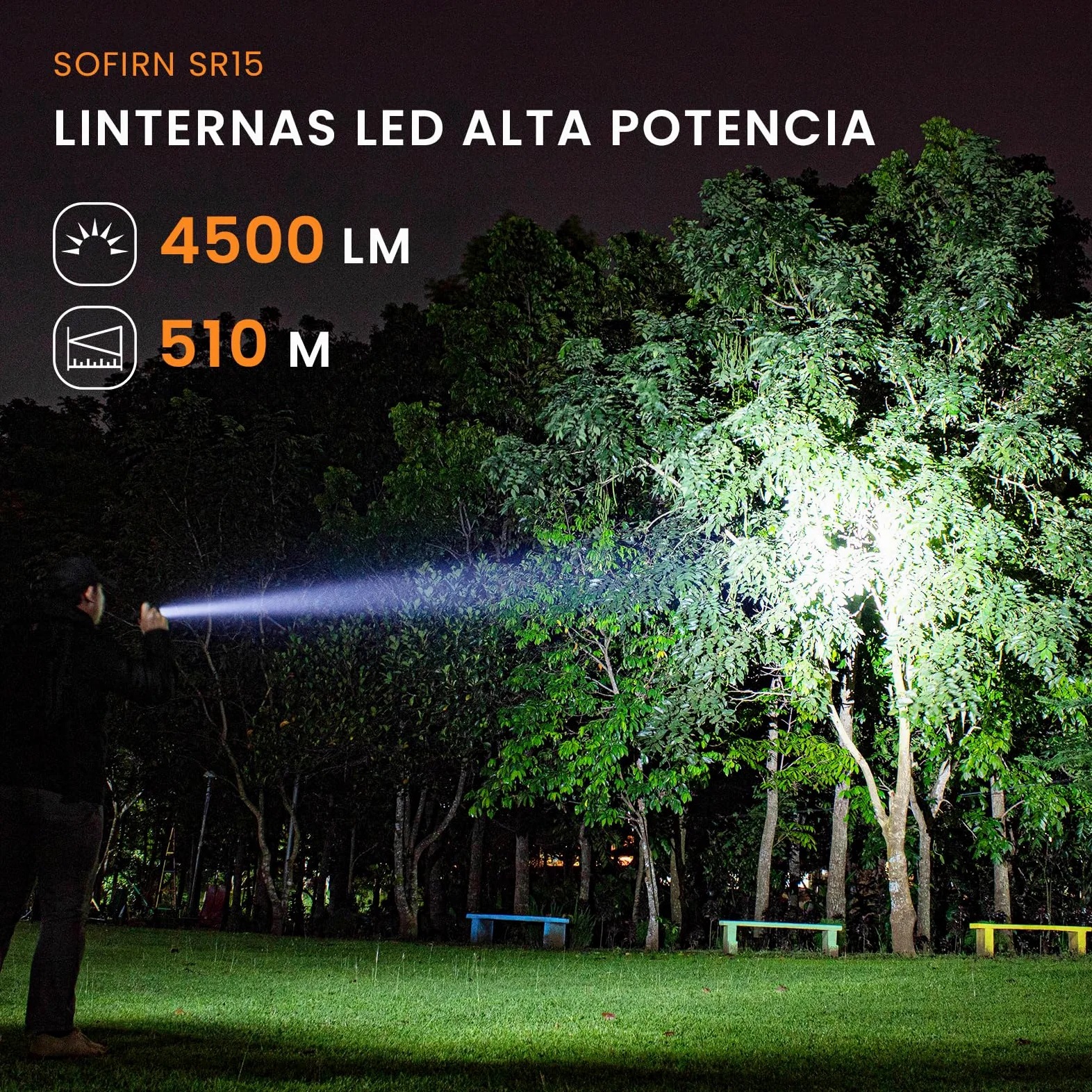 Sofirn SR15 Linterna LED Recargable, 4500 Lúmenes, 510 m Alcance, Linterna Tactica con 8 Modos, USB-C, IPX8 Impermeable, Base Magnética, Clip y Diseño Compacto para Trabajo, Emergencias y Uso Diario